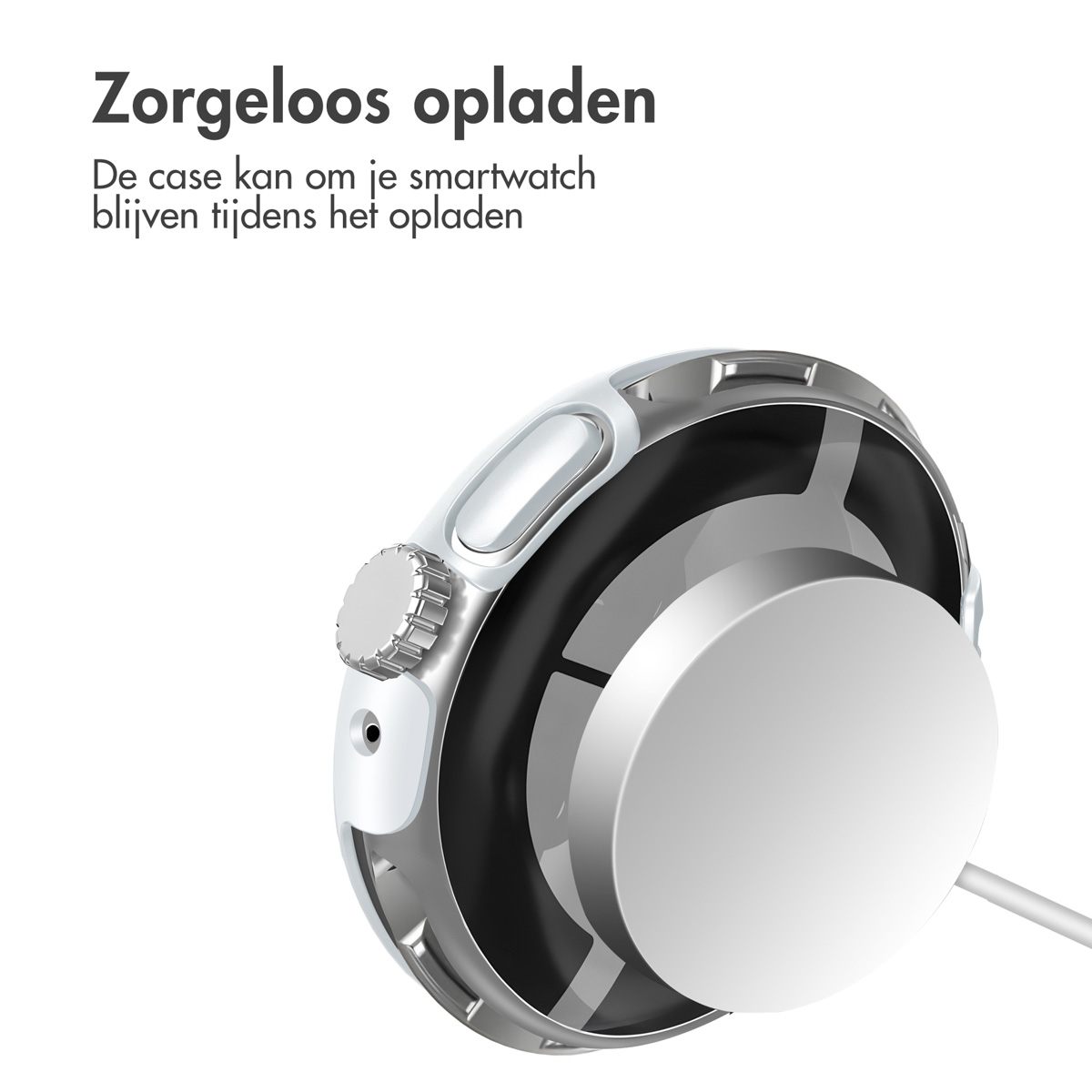Close-up van een smartwatch en een draadloos oplaadstation. Zilver en wit apparaat dat oplaadt op een wit oppervlak.