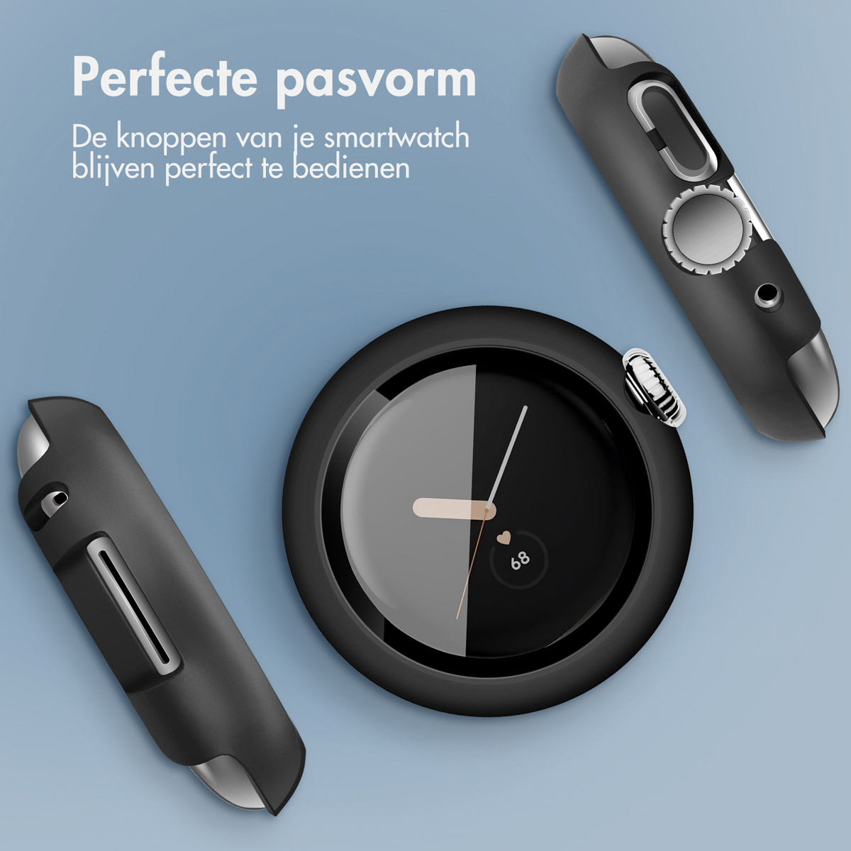 Zwarte hoes voor een smartwatch, met een horloge en andere accessoires. Blauwe achtergrond.