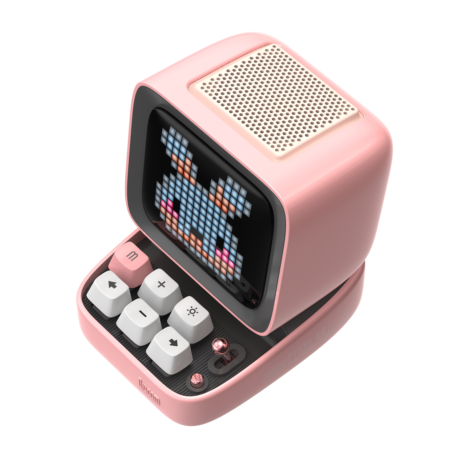 Pikselleşmiş bir tavşan gösteren bir ekrana sahip pembe retro tarzı hoparlör. Beyaz tuşları var.