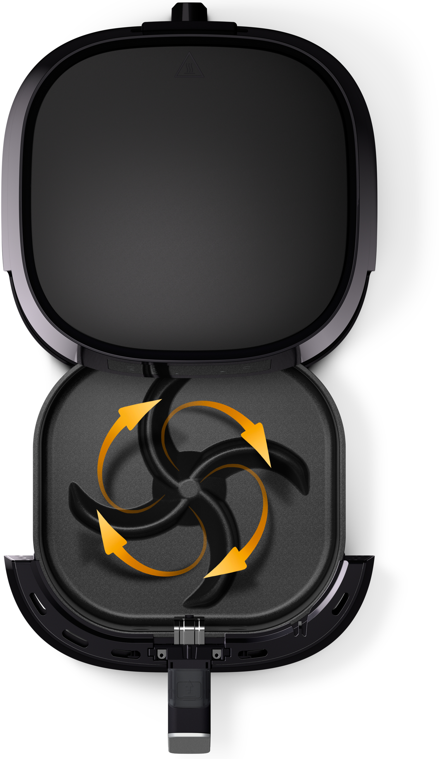 Czarne wnętrze frytownicy powietrznej z pomarańczowymi strzałkami.