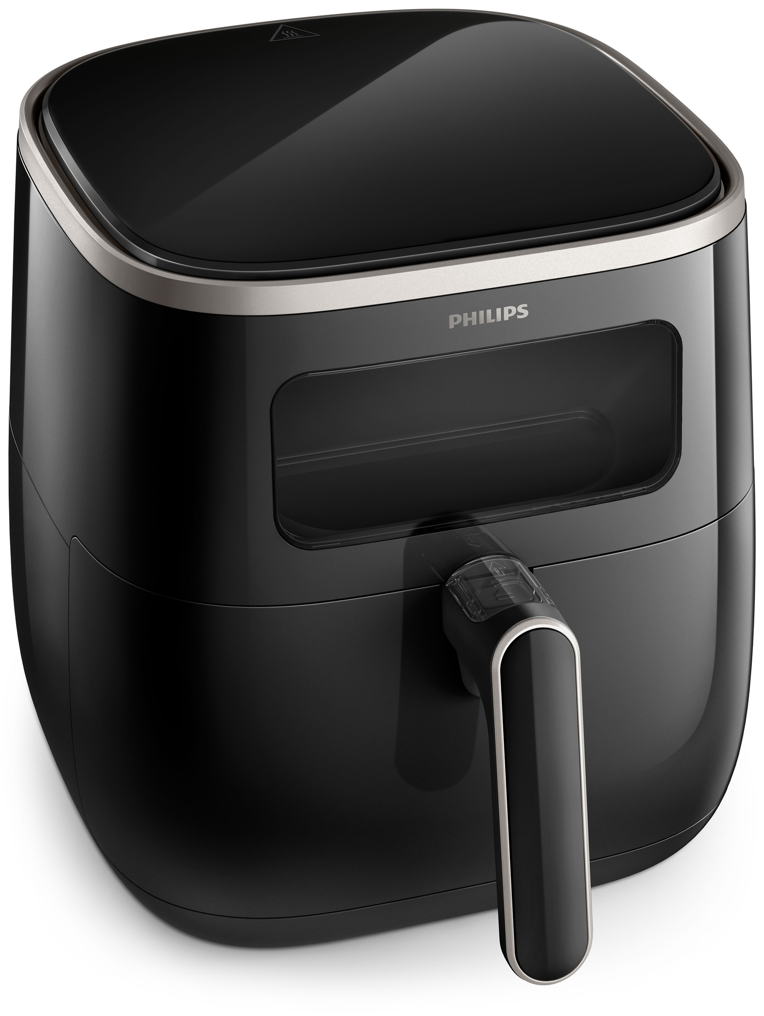 Schwarze Philips Heißluftfritteuse mit Griff und transparentem Fenster.