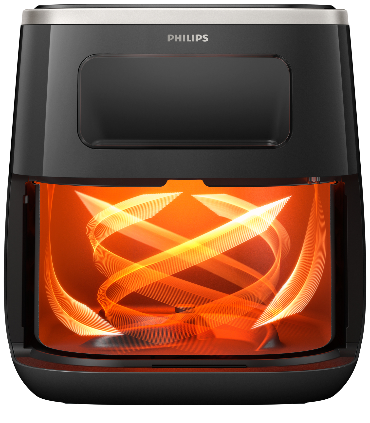 Schwarze Philips Heißluftfritteuse mit Innenbeleuchtung und sichtbarem Heizelement.