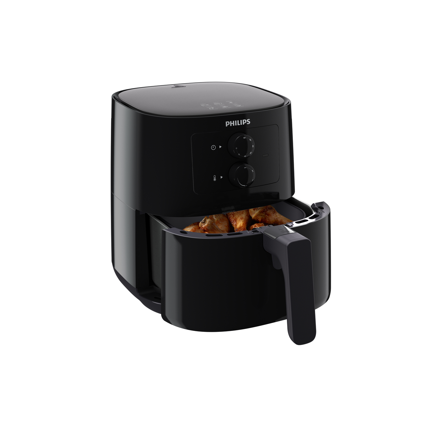 Freidora de aire negra con asa y cesta con trozos de pollo cocinado. Marca Philips visible.