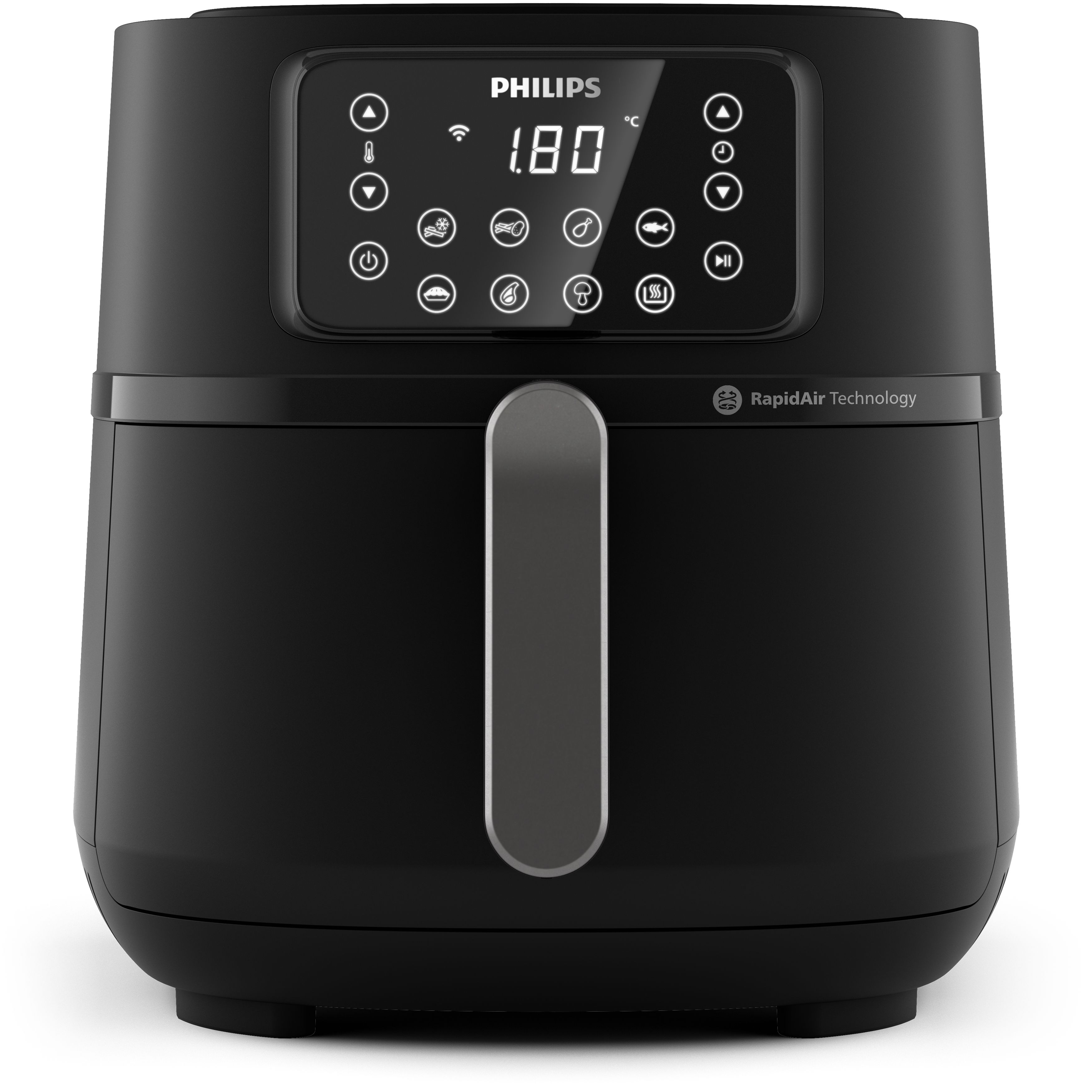 Das Bild zeigt eine schwarze Philips Heißluftfritteuse mit digitaler Anzeige und silbernem Griff.
