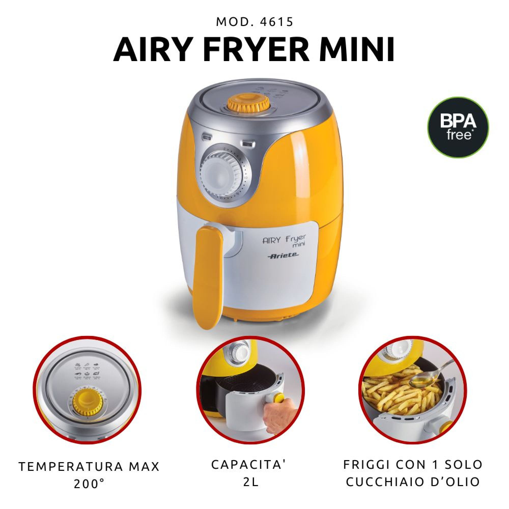 Una mini freidora de aire naranja y blanca con panel de control y alimentos fritos. La marca es Ariete.