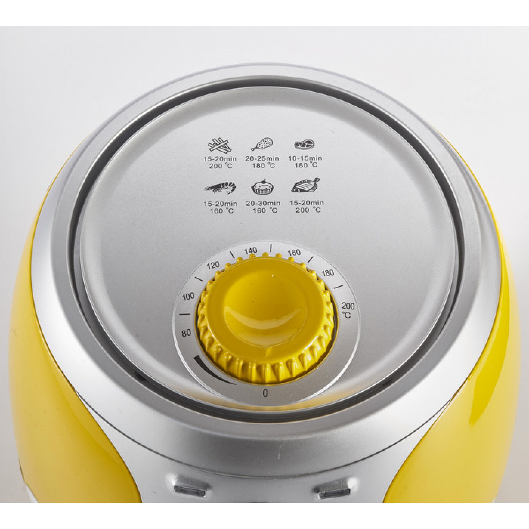 Parte superior de la freidora de aire amarilla con un dial e iconos de comida. El fondo es blanco.