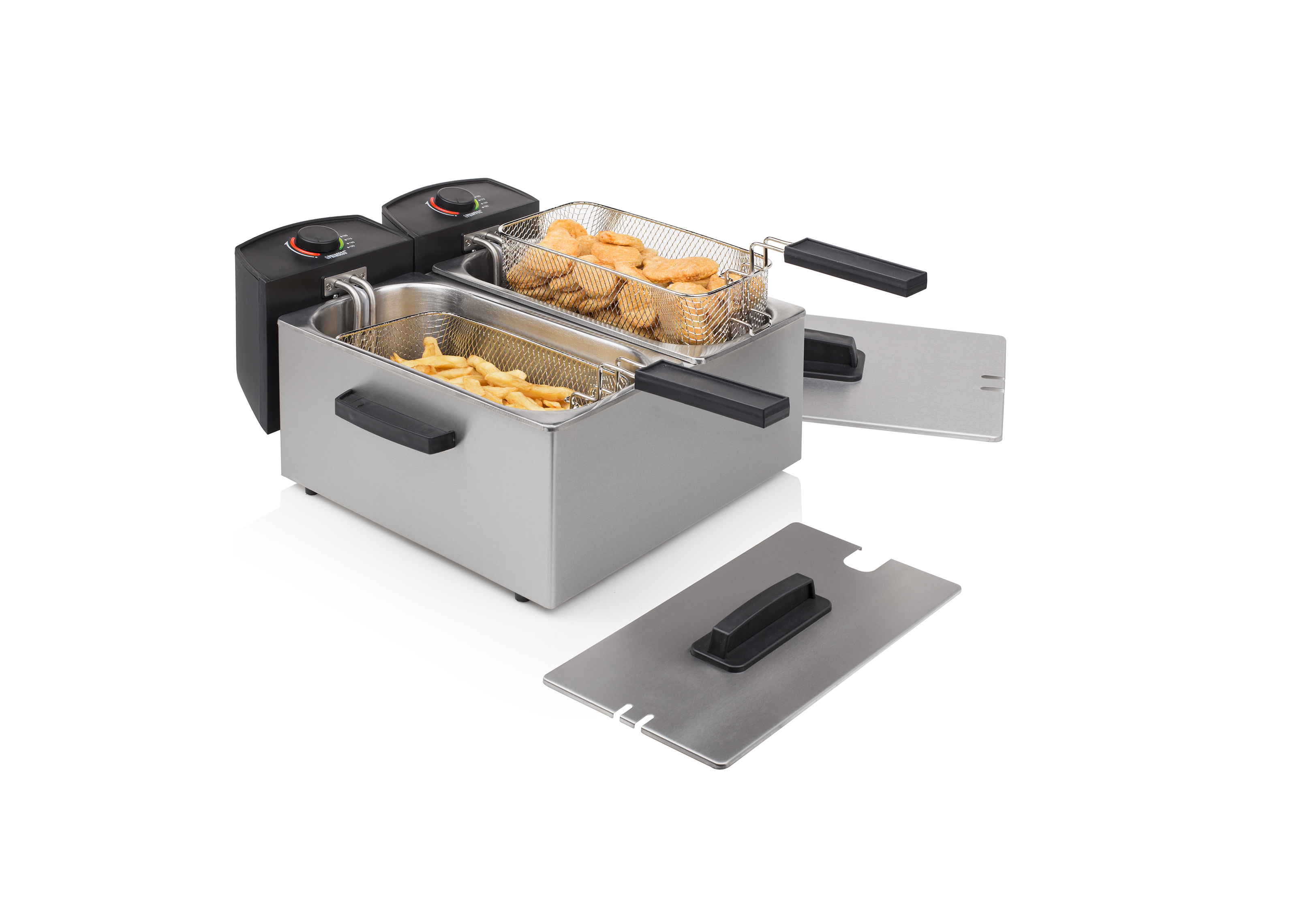Frytownica ze stali nierdzewnej z frytkami i nuggetami w koszach oraz dwoma pokrywami.