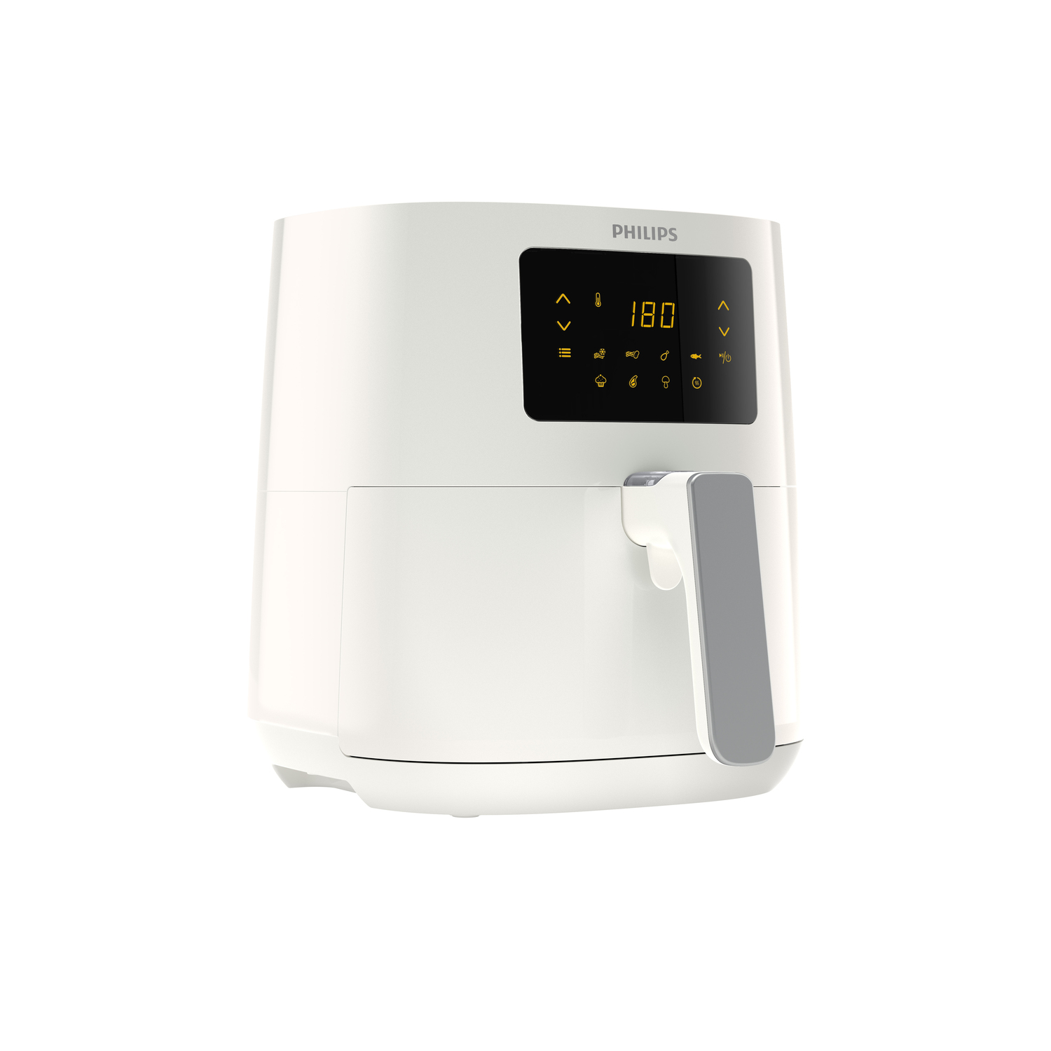 Freidora de aire Philips blanca con pantalla digital y controles.