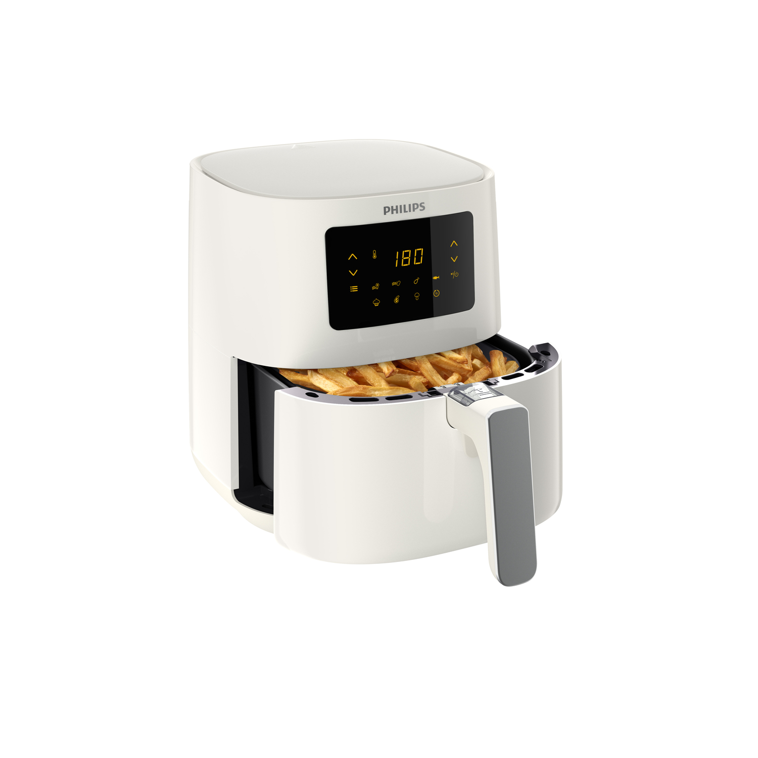 Freidora de aire blanca con papas fritas dentro de la cesta. La pantalla muestra la temperatura en 180.