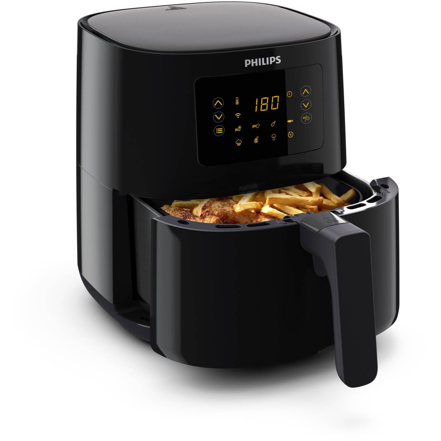 Freidora de aire negra con comida dentro. La marca es Philips.