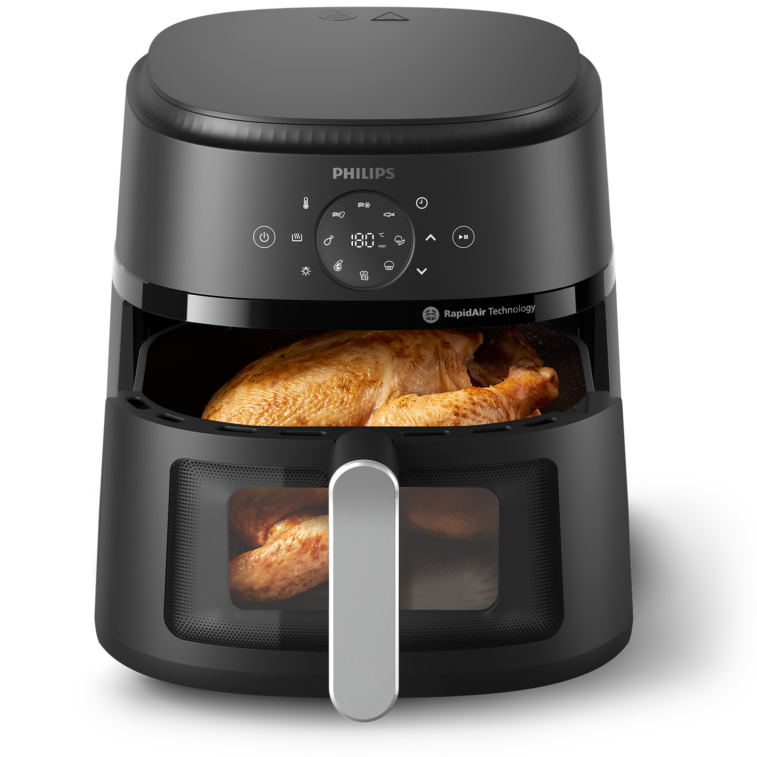 Une friteuse à air Philips noire avec un poulet cuit à l'intérieur. La friteuse à air a un affichage numérique.