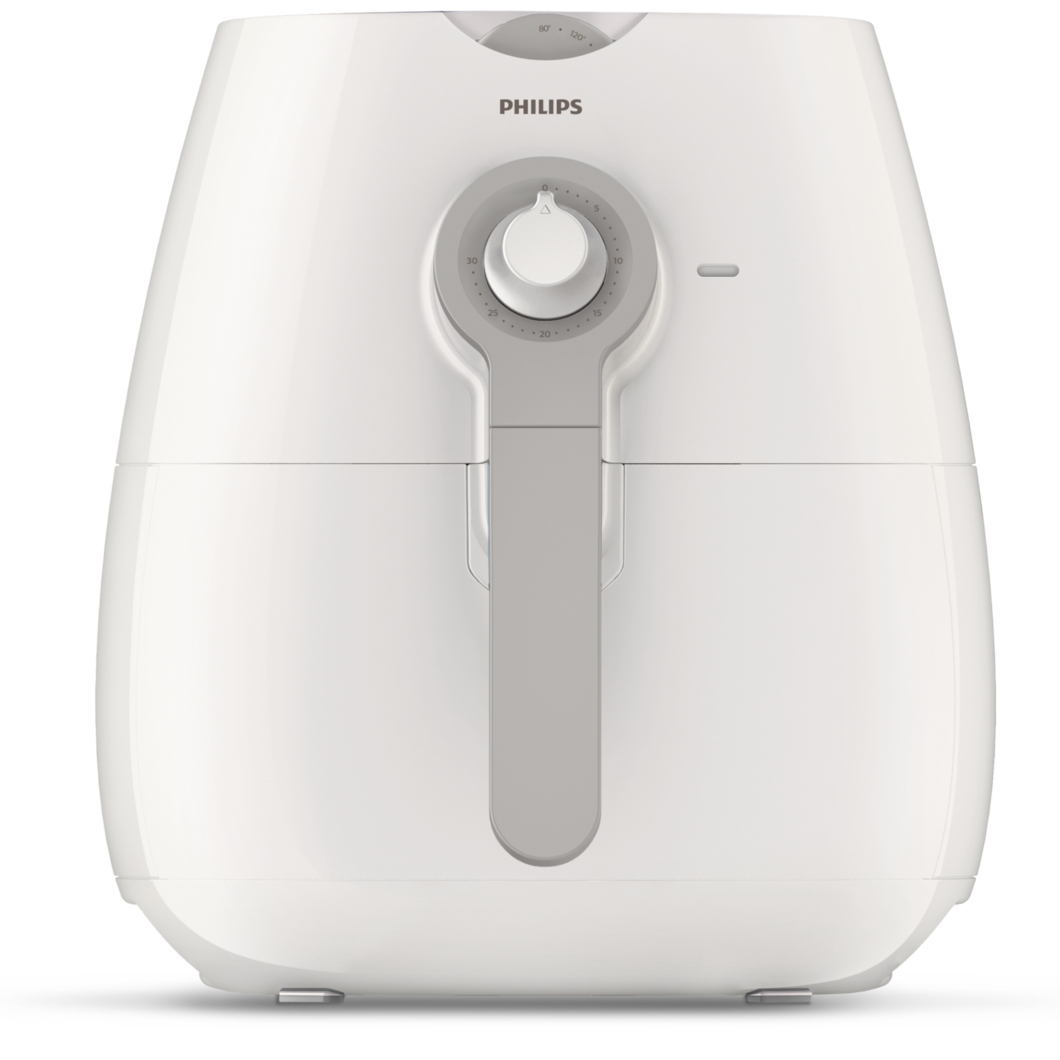Freidora de aire blanca con asa y dial grises. Marca Philips.