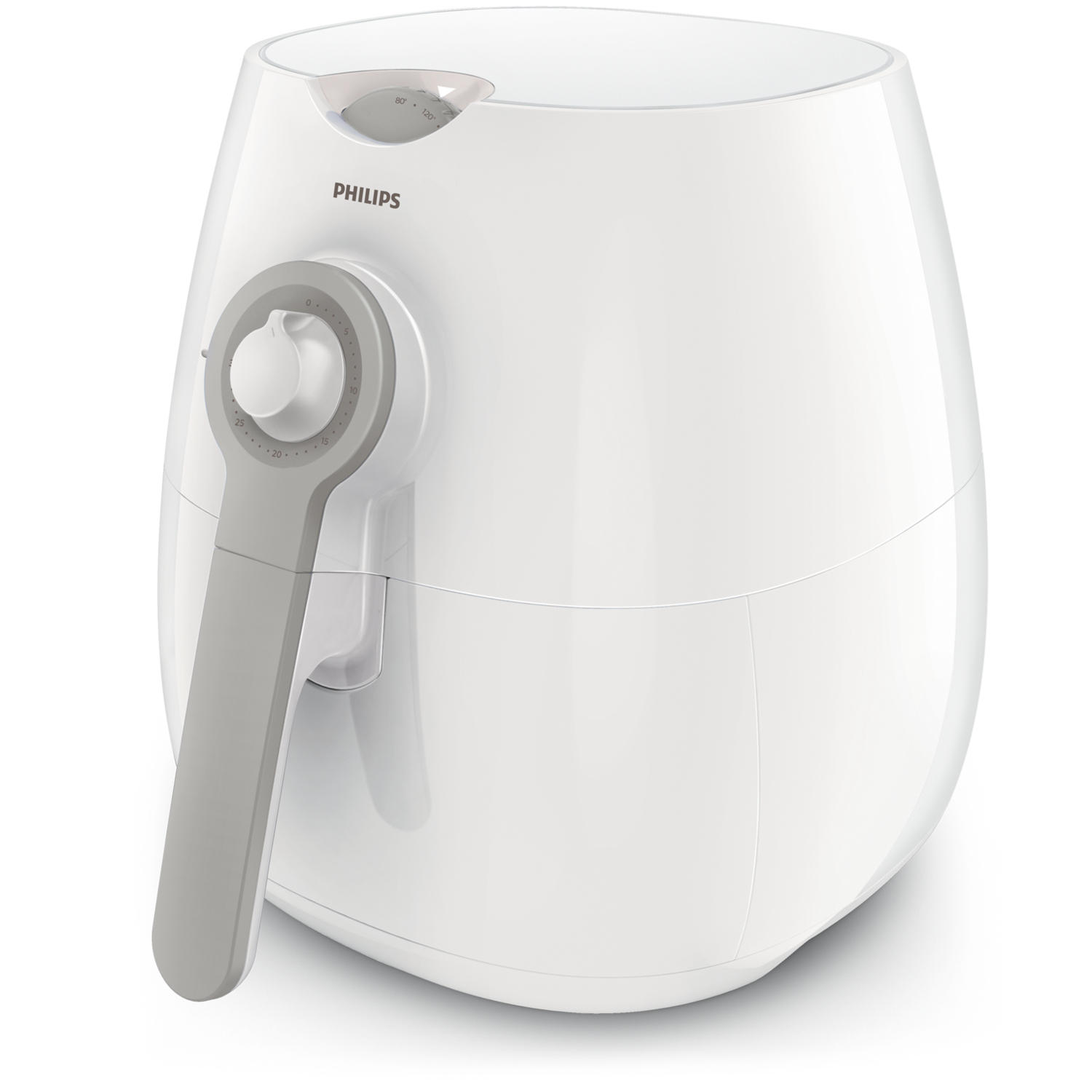 Freidora de aire Philips blanca con asa gris y dial de control. Forma redondeada.