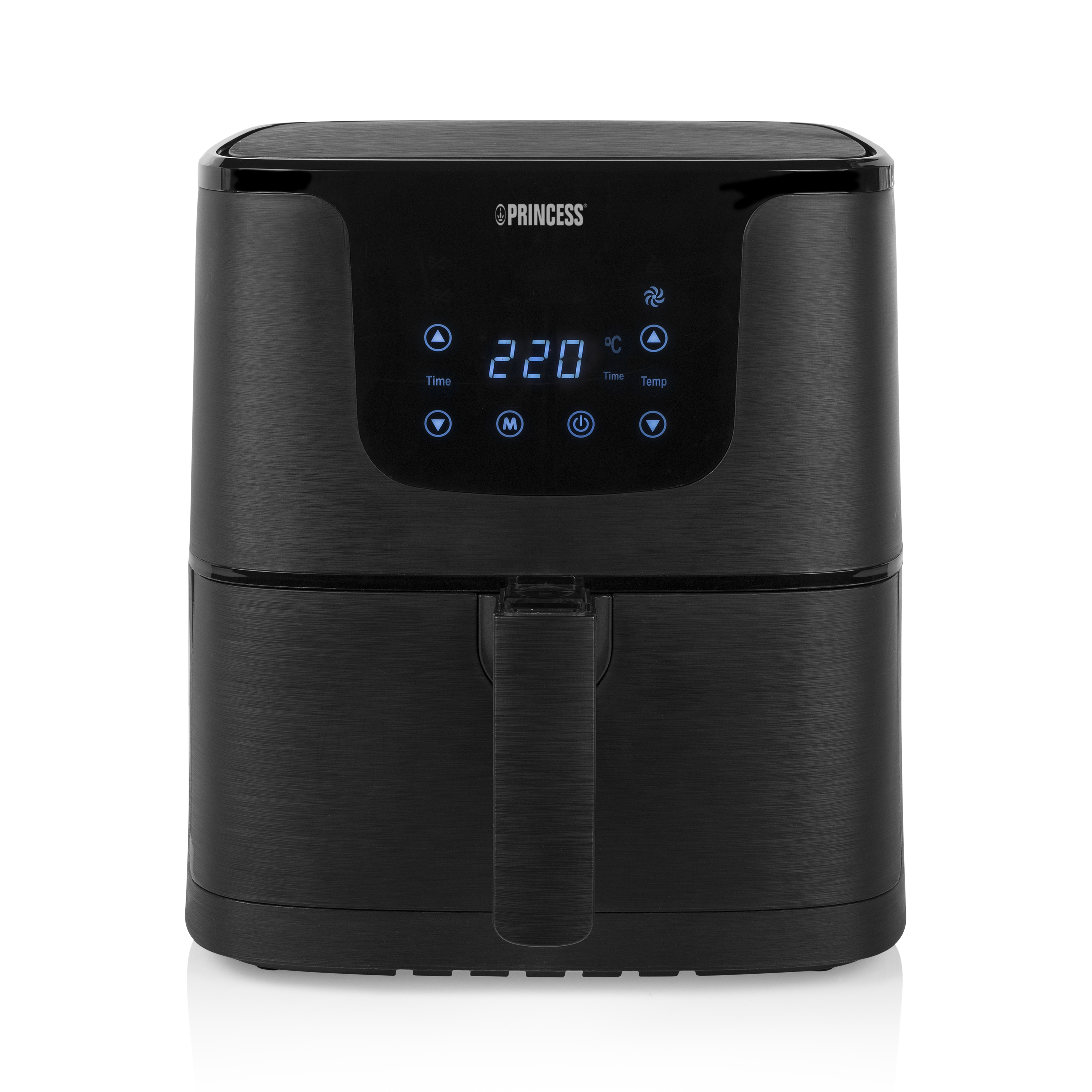 Czarna frytownica powietrzna z cyfrowym wyświetlaczem temperatury i czasu.