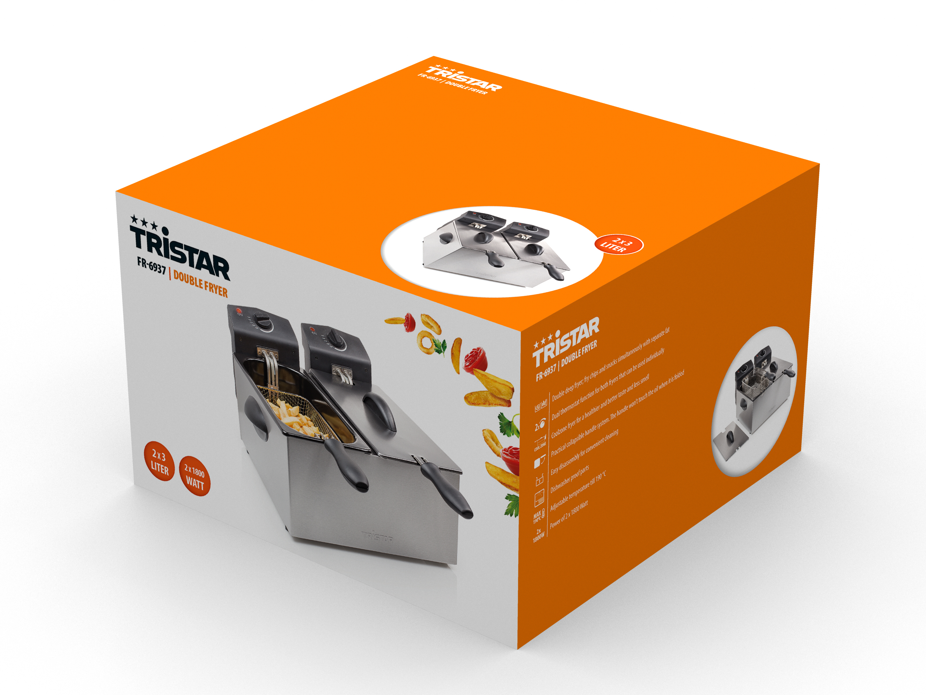 Pudełko z podwójną frytkownicą, pomarańczowe i białe. Frytownica jest srebrna z czarnymi uchwytami.
