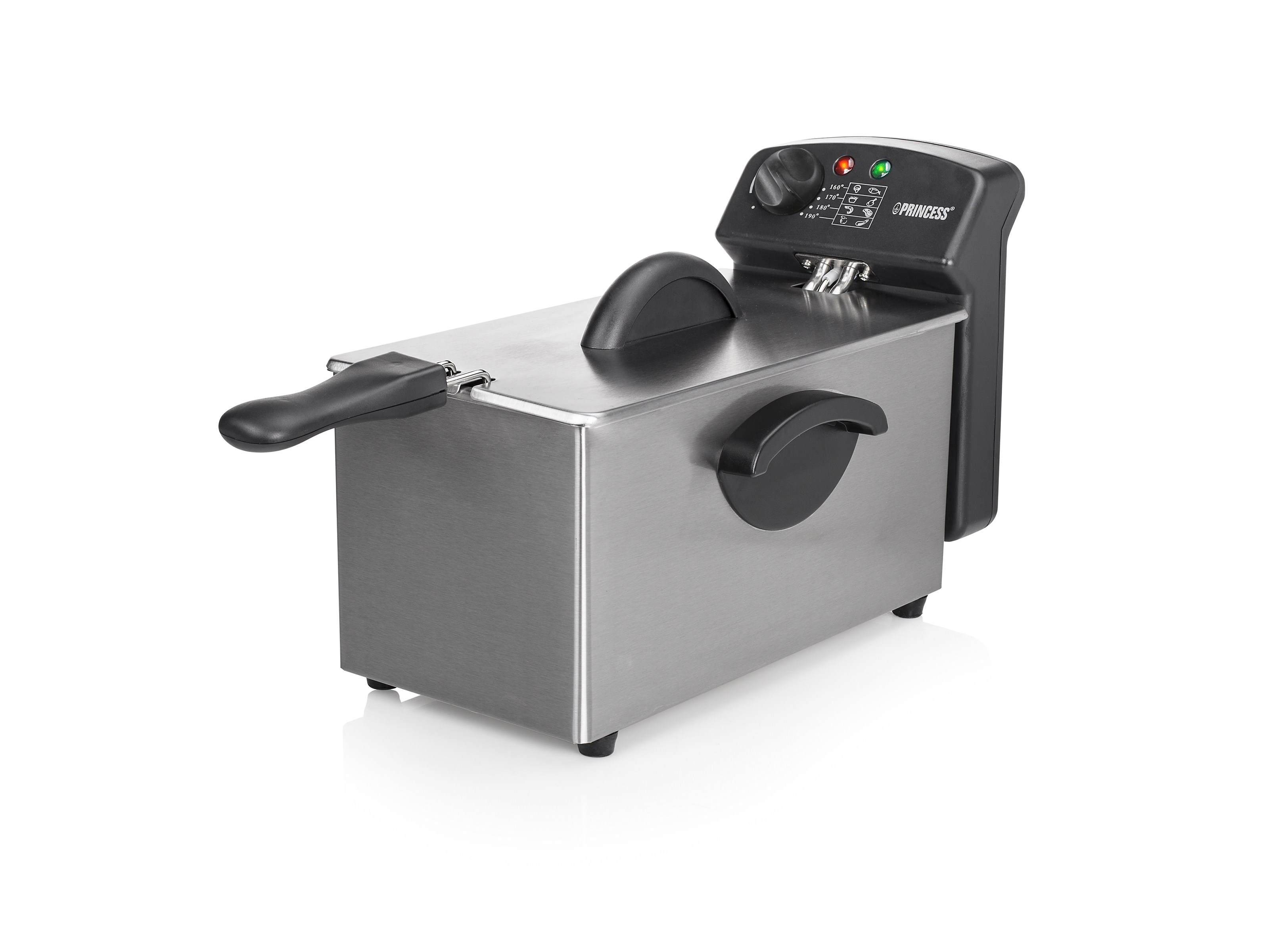 Friggitrice in acciaio inox con coperchio, manico e pannello di controllo neri.