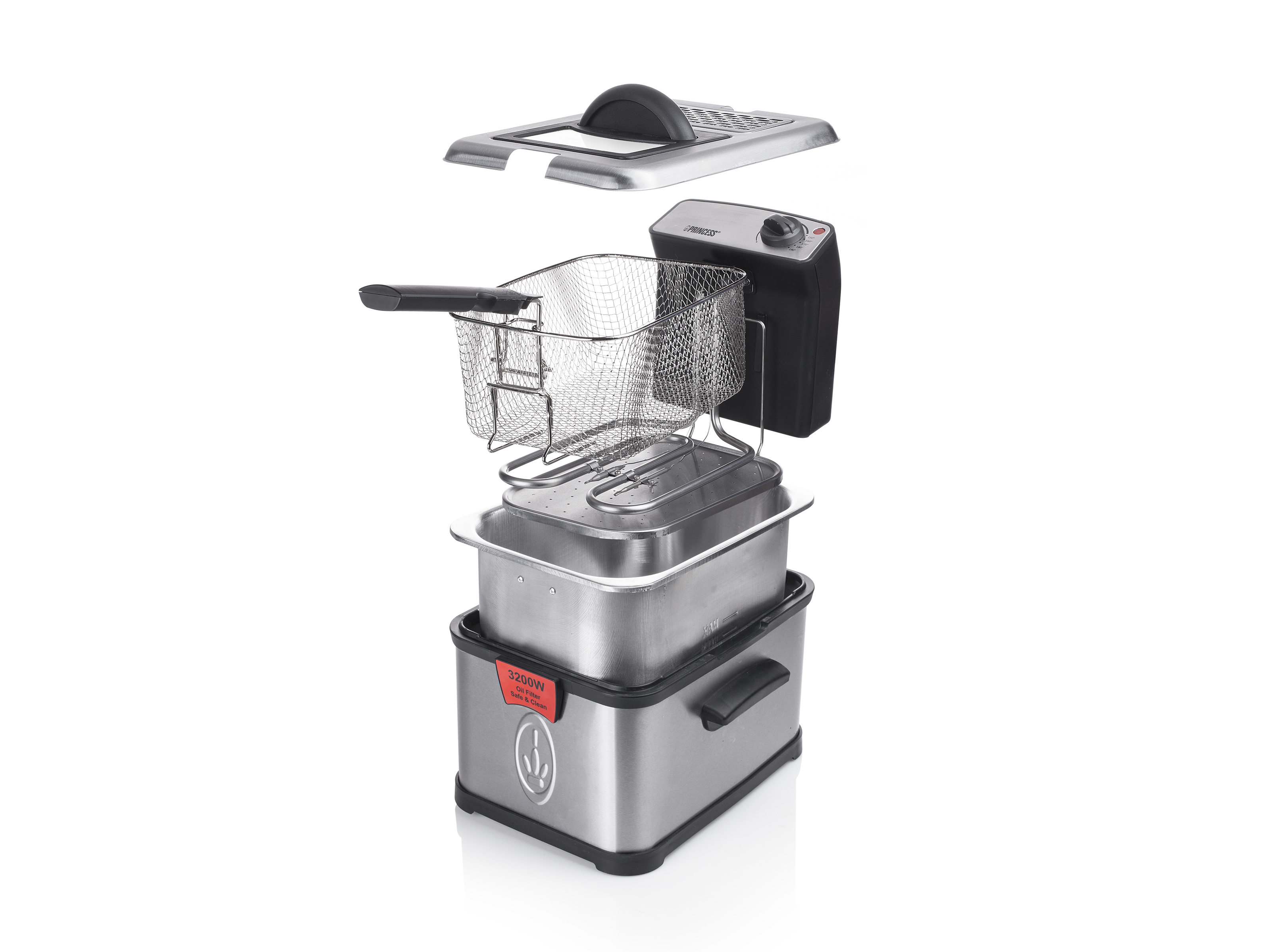 Zdemontowana frytownica. Części obejmują element grzejny, kosz i pokrywę. Białe tło.