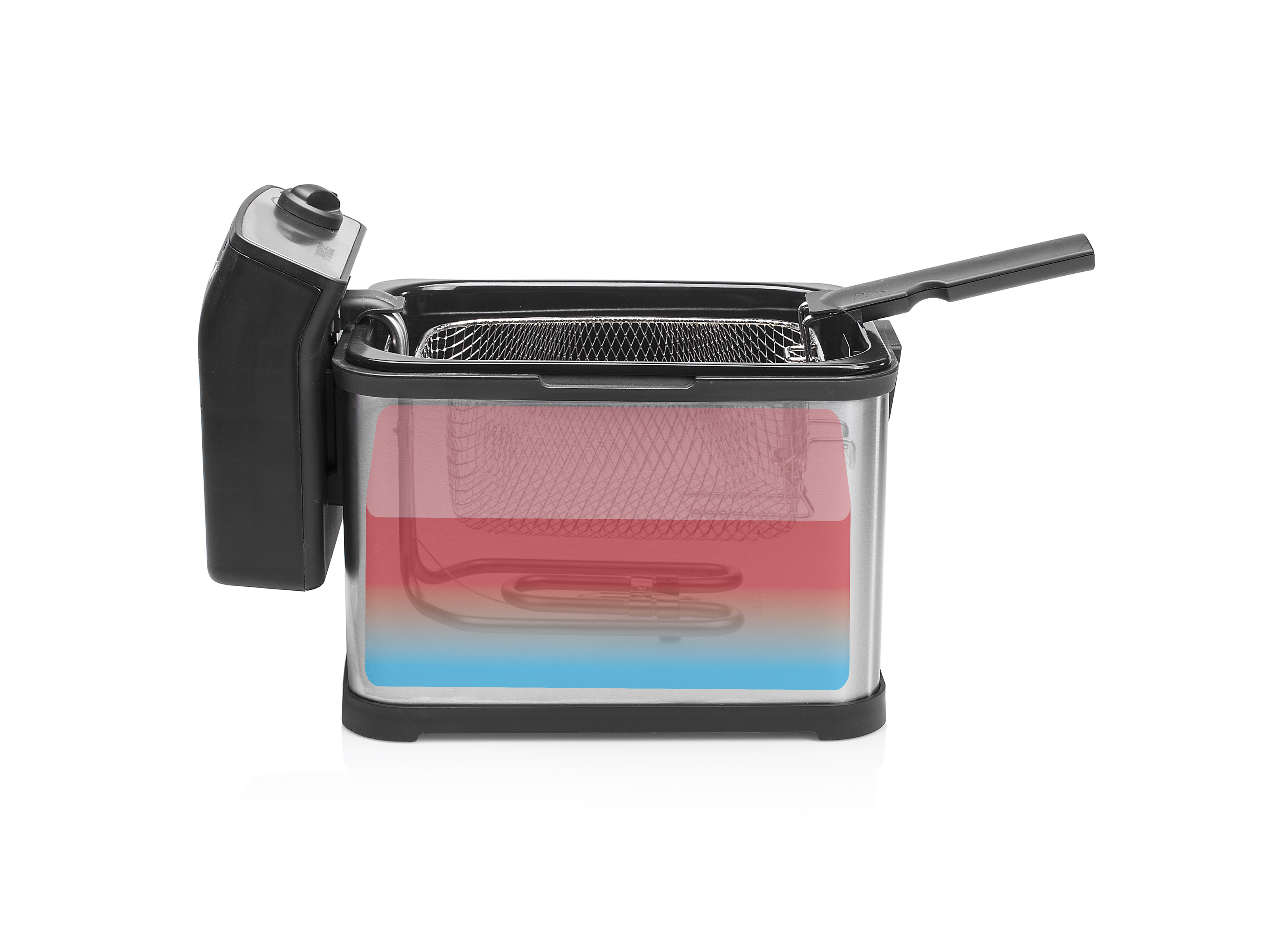 Frytownica z olejem, pokazująca strefy ciepła. Pokrywa jest otwarta. Wnętrze pokazuje kosz.