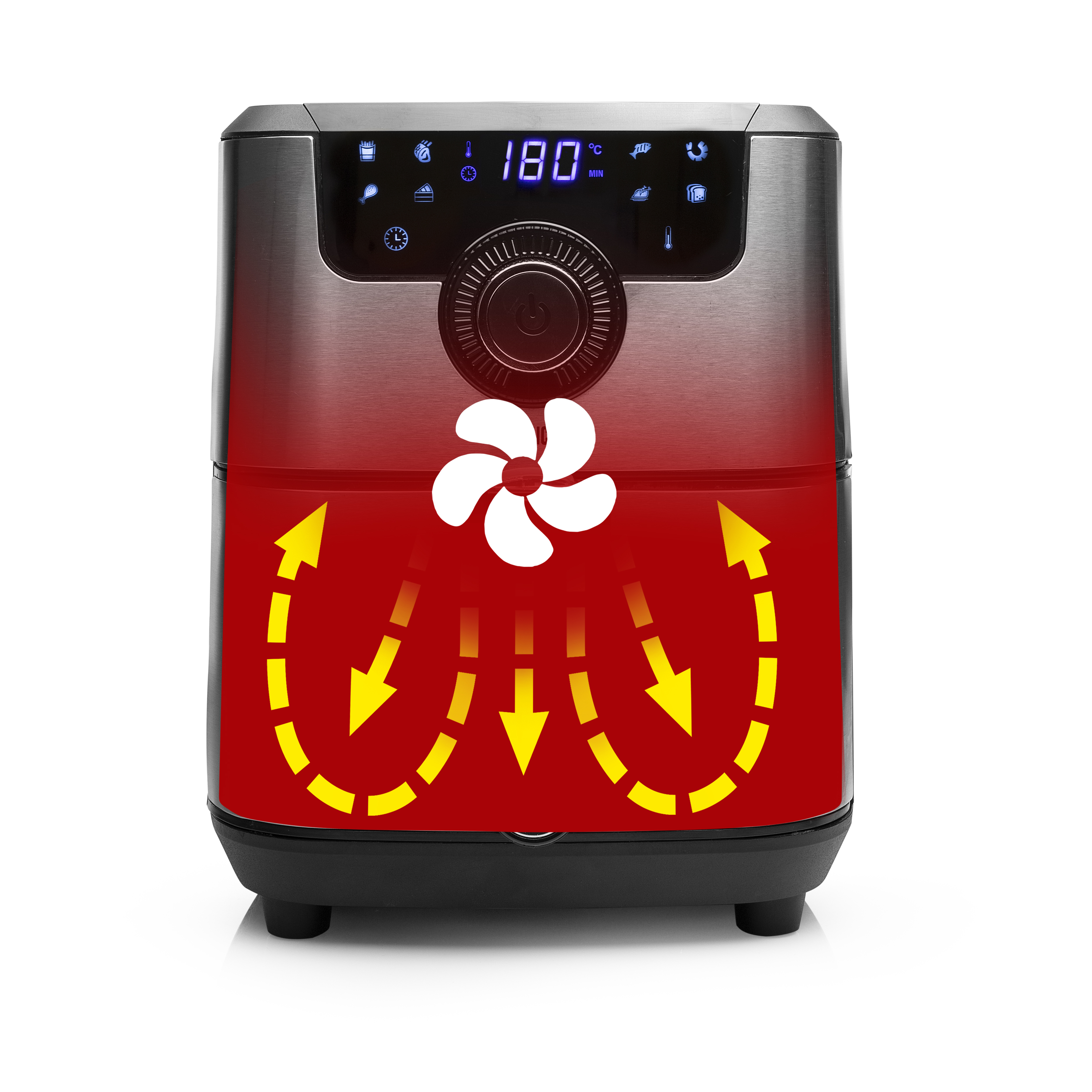 Freidora de aire mostrando sistema de calefacción interno con ventilador y flechas. 180 grados.