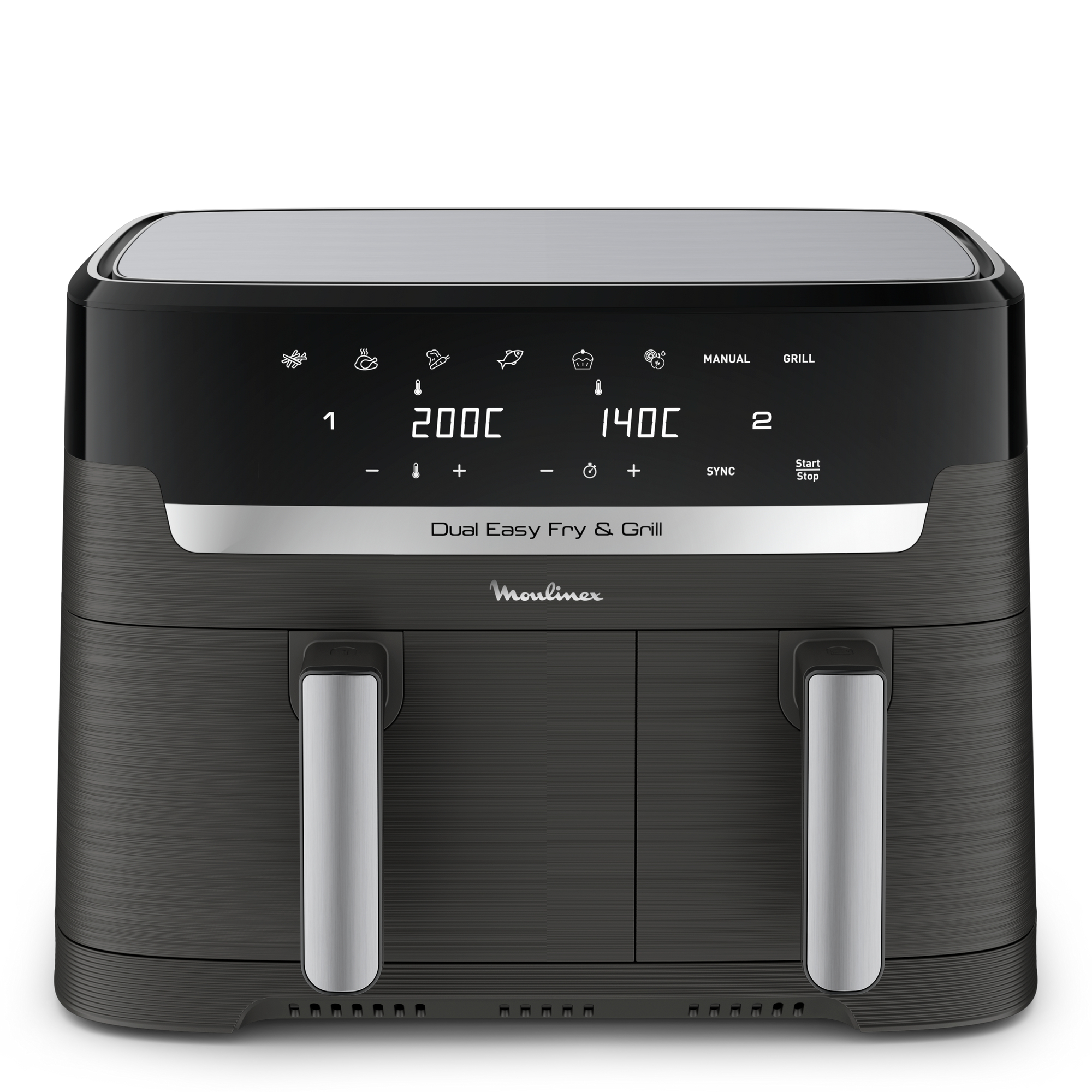 Czarna podwójna frytkownica powietrzna ze srebrnymi akcentami. Wyświetlacz cyfrowy pokazuje ustawienia. Widoczne logo Moulinex.