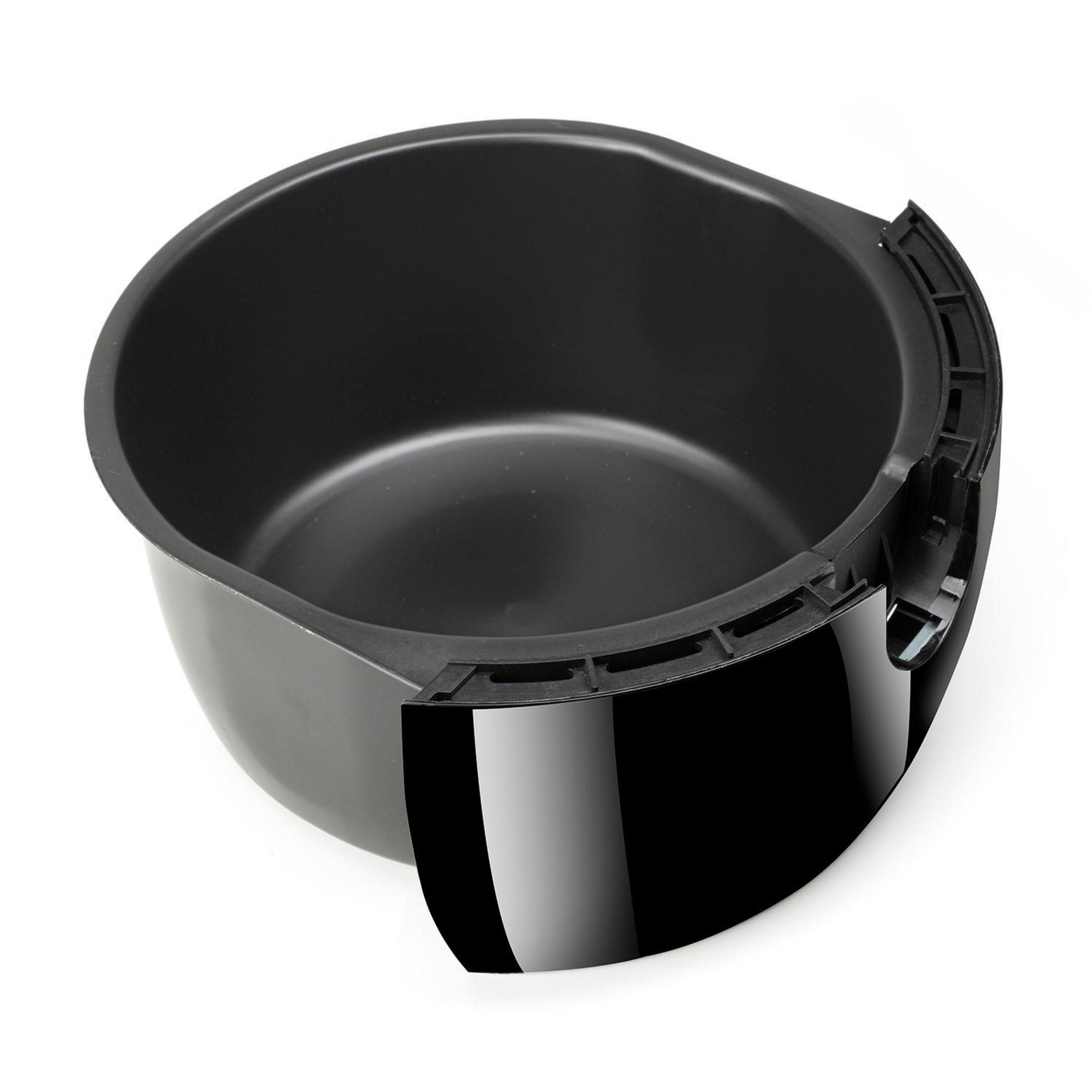 Czarny kosz do frytkownicy powietrznej z powłoką nieprzywierającą, widoczny z góry i z boku.