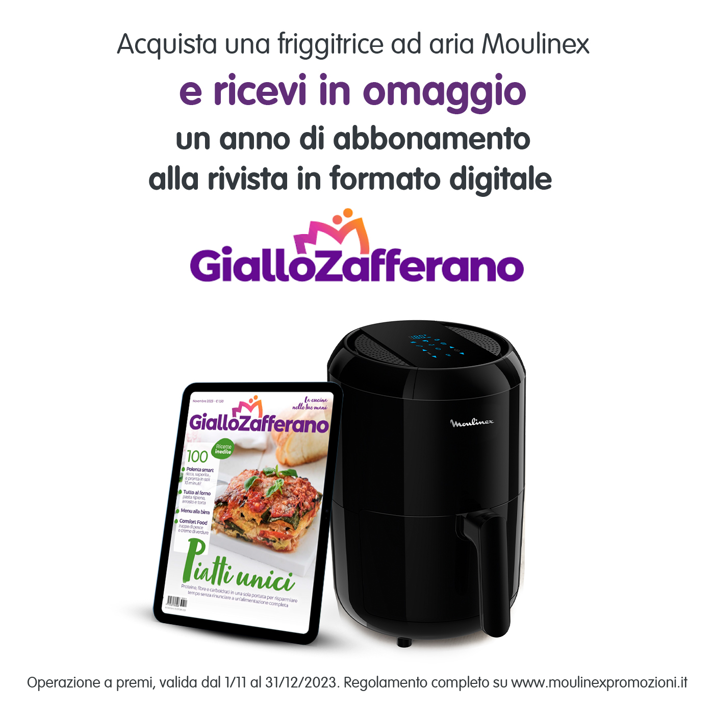 Frytkownica powietrzna Moulinex obok tabletu z okładką magazynu i tekstem promocyjnym o subskrypcji.