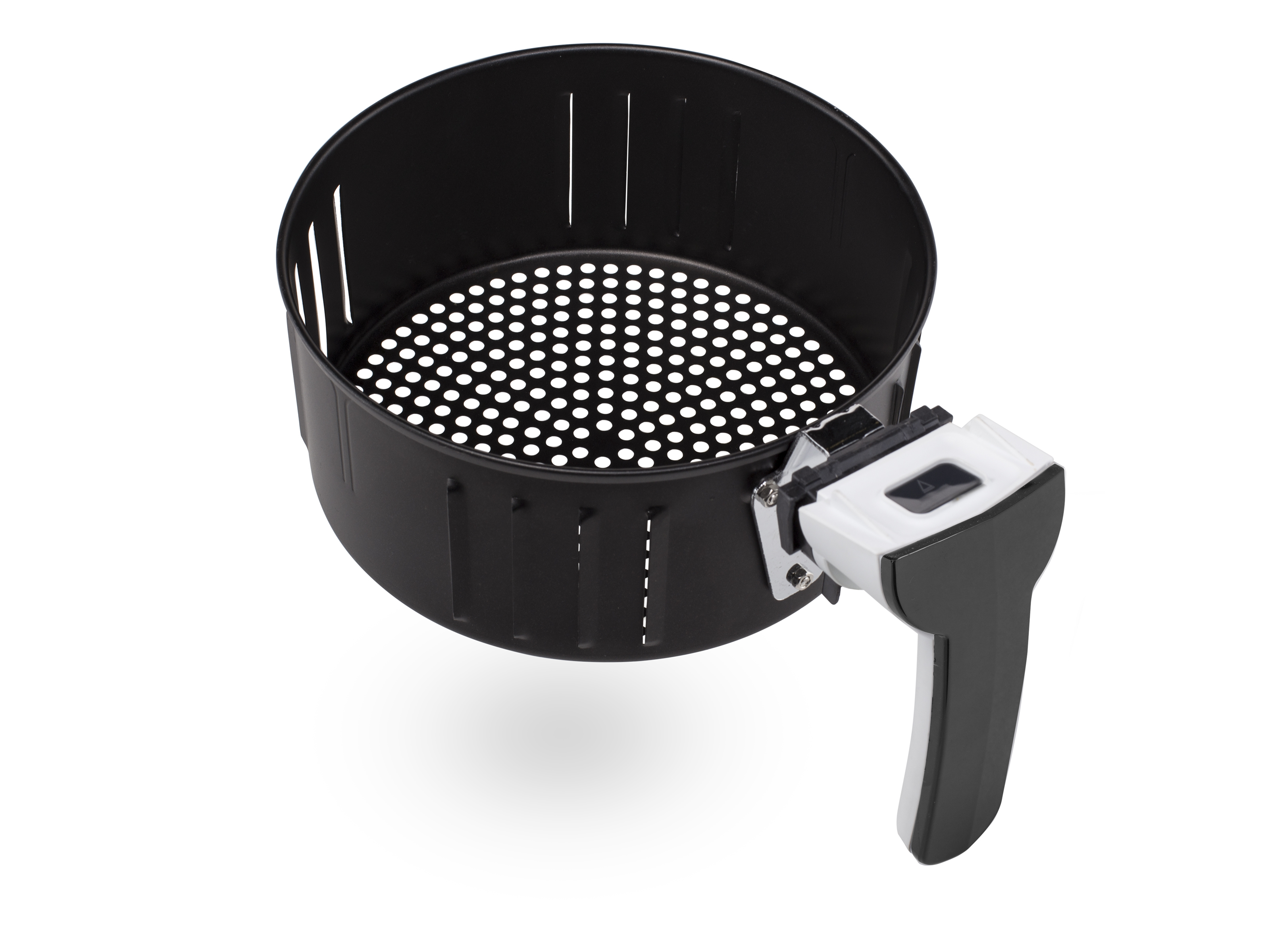 Cestello per friggitrice ad aria nero con manico bianco. Fondo perforato.