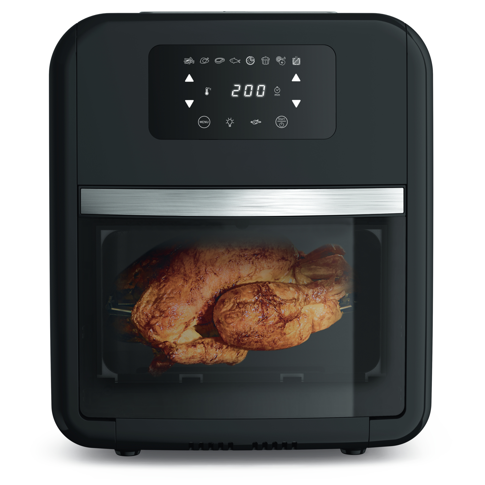 Zwarte airfryer met een transparante deur, met een gebraden kip erin.