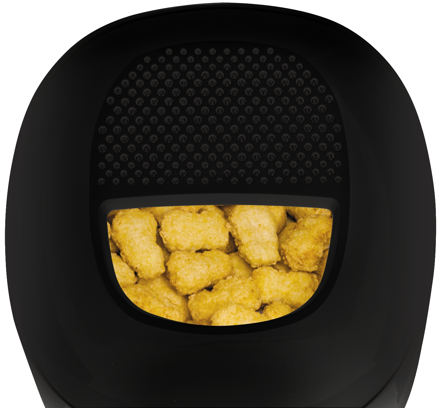 Czarny pojemnik na żwirek dla kota z przezroczystym oknem pokazującym stos tater tots.