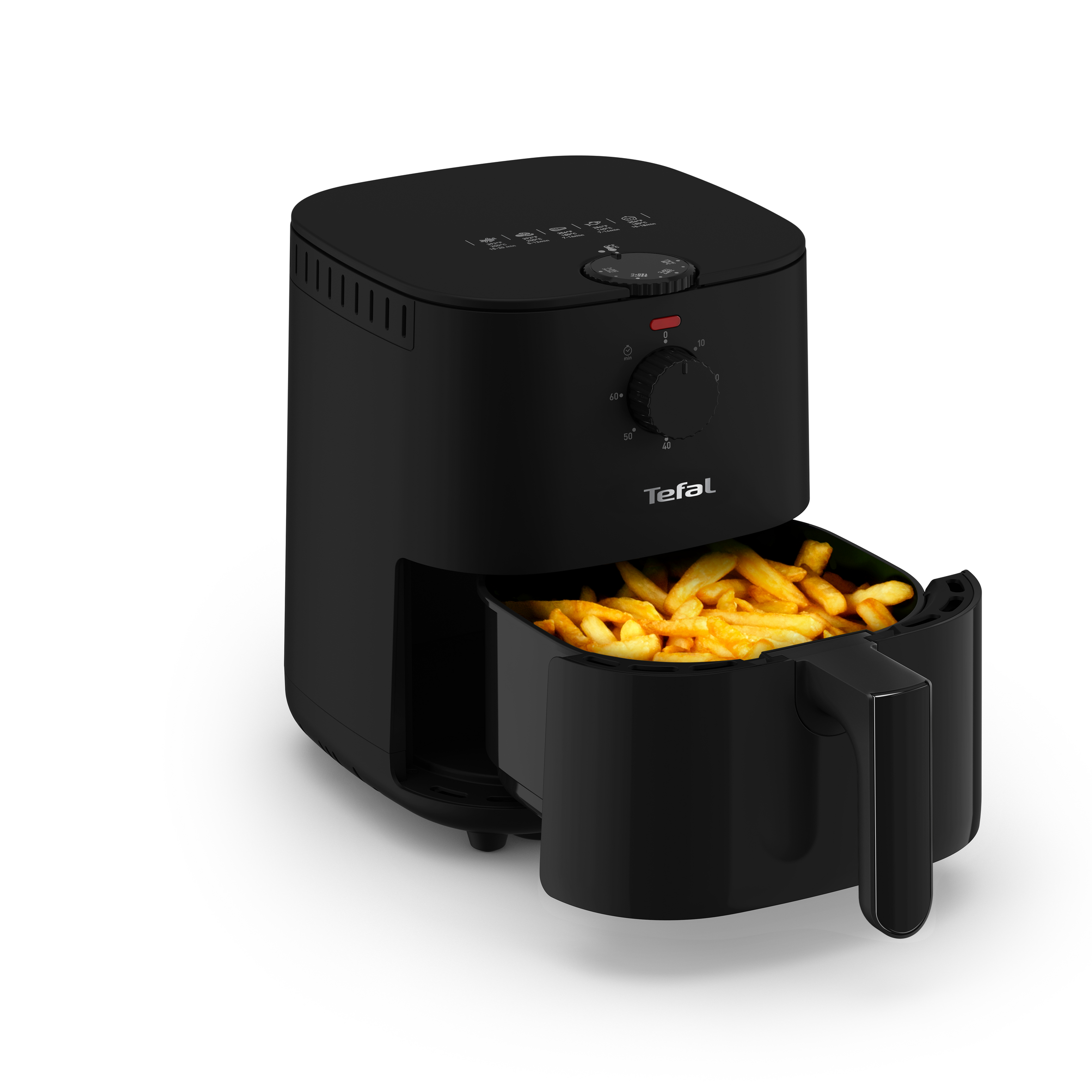 Friggitrice ad aria nera con un vassoio di patatine fritte. Il pannello di controllo mostra tempo e temperatura.