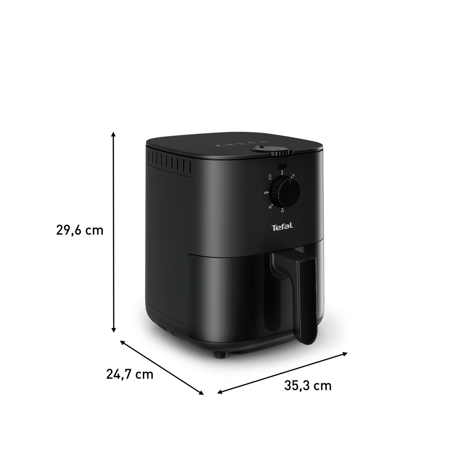 Friggitrice ad aria Tefal nera con dimensioni: 29,6 cm altezza, 24,7 cm larghezza, 35,3 cm profondità.