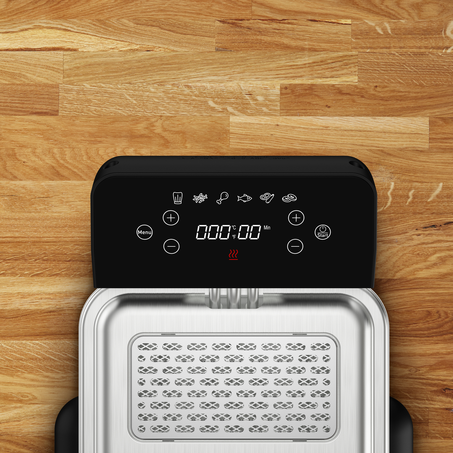 Widok z góry na czarną frytownicę powietrzną. Na górze znajduje się cyfrowy wyświetlacz z timerem i ikonami.