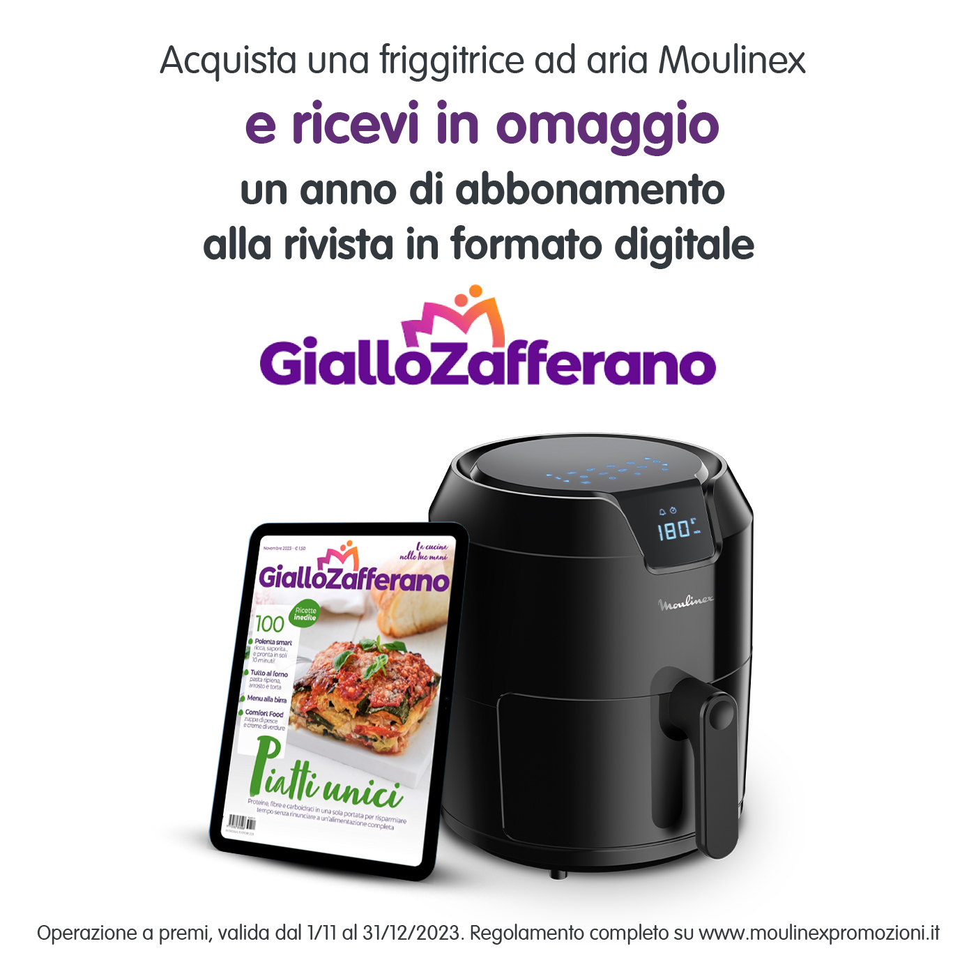 Heißluftfritteuse und Tablet auf weißer Oberfläche mit italienischem Text und Logo.