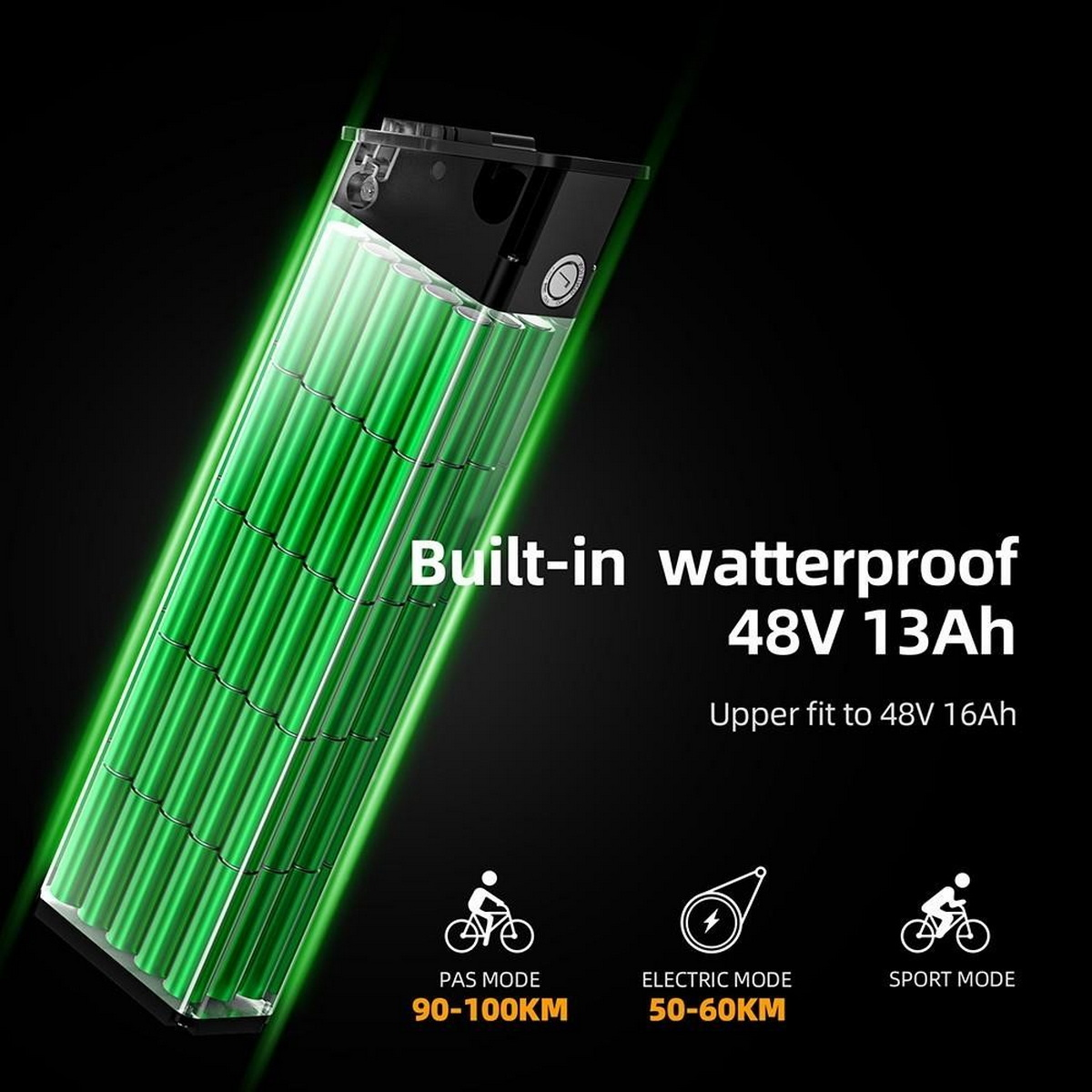 Pacco batterie verde con testo Impermeabile 48V 13Ah. Icone per modalità PAS, Elettrica e Sport.