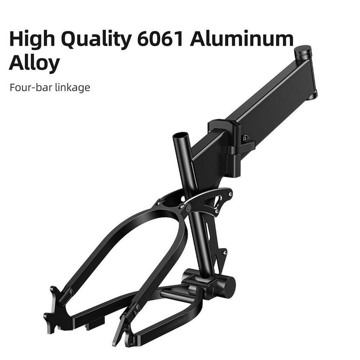 Telaio bici in metallo nero. Il testo indica lega di alluminio e collegamento a quattro barre.