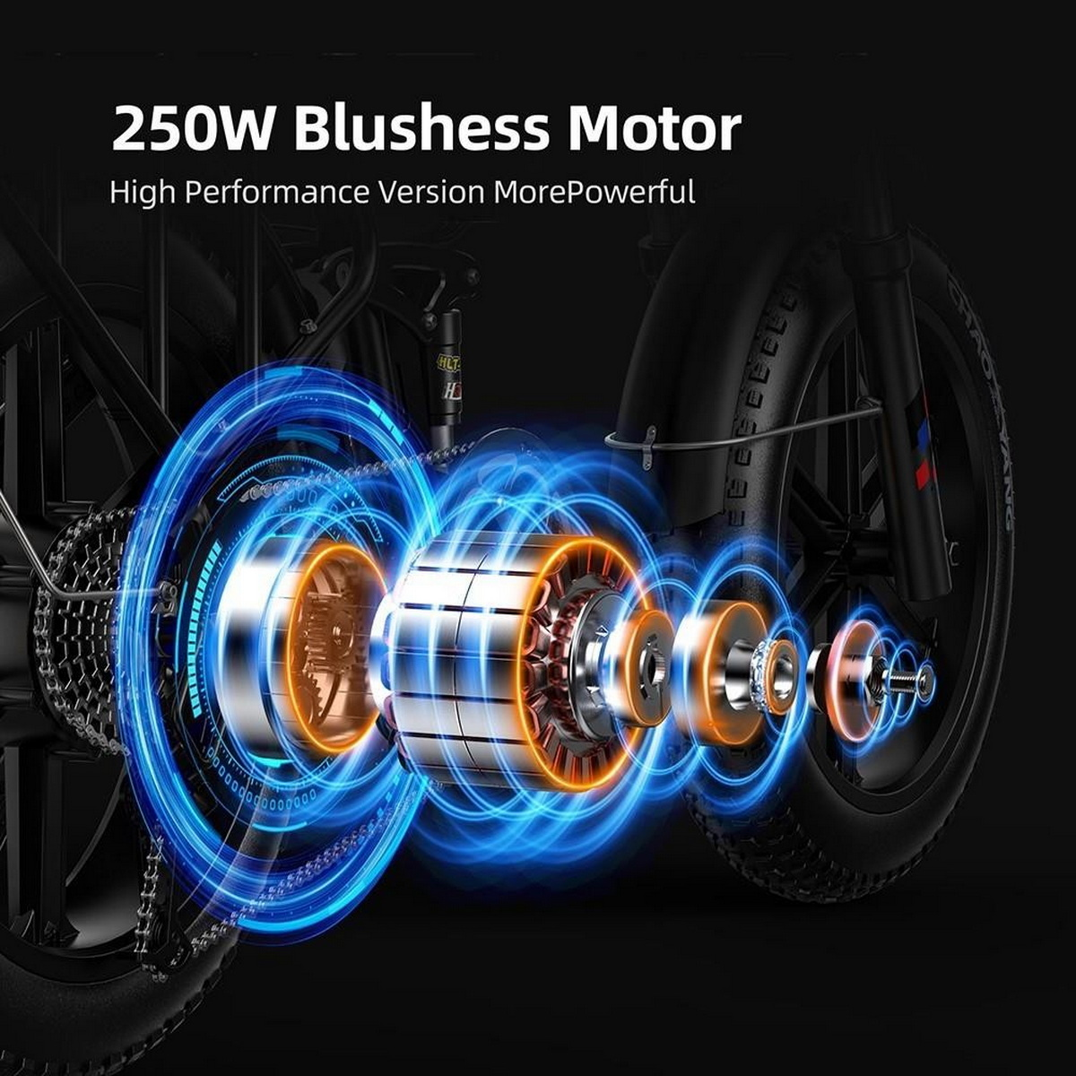 Primo piano di un motore elettrico smontato con effetti di luce blu. Ingranaggi e componenti interni visibili.