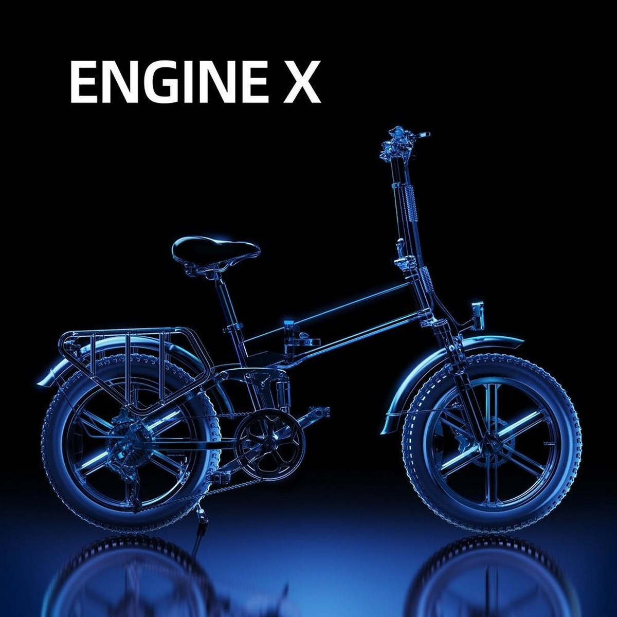 Contorno illuminato di blu di una bicicletta pieghevole, con testo 'ENGINE X'. Mostra il telaio, le ruote, il sellino e il manubrio.