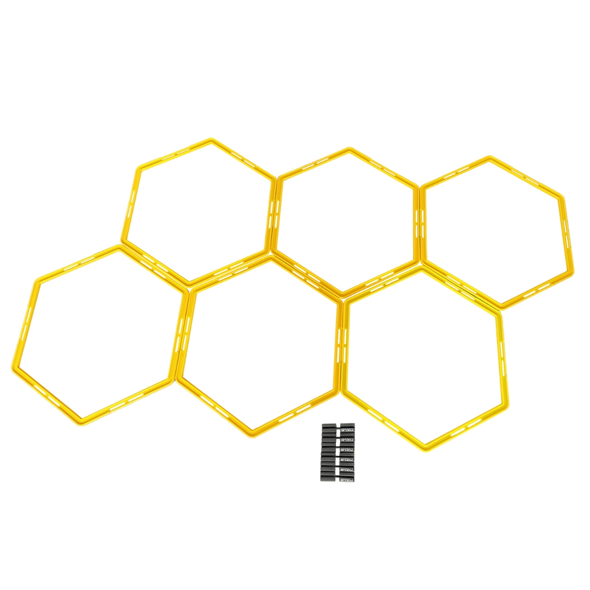Formes hexagonales jaunes reliées pour former un motif. Bandes noires en bas.