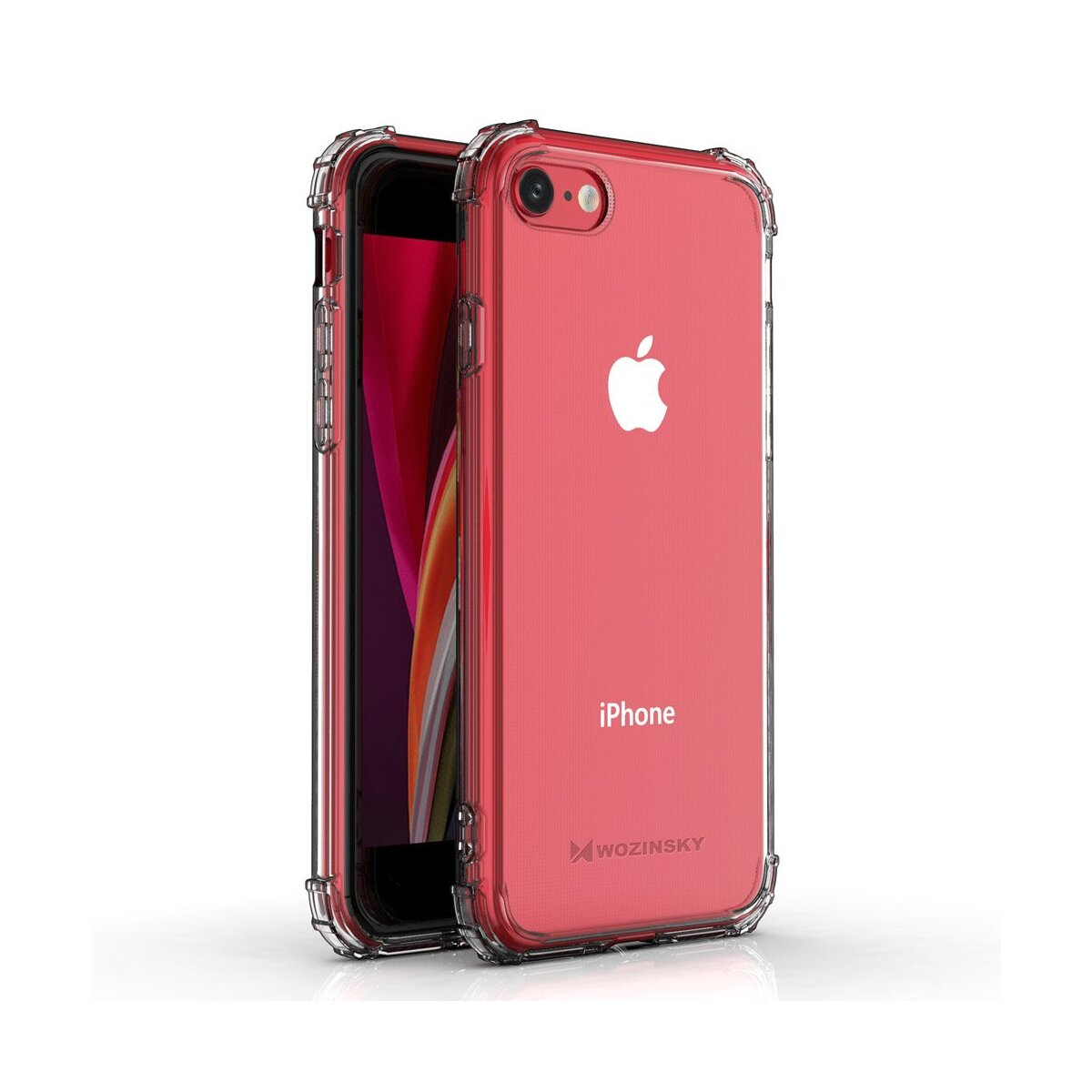 Ein transparentes rotes iPhone in einer durchsichtigen Schutzhülle. Apple-Logo ist auf der Rückseite sichtbar. Das Wort "iPhone".