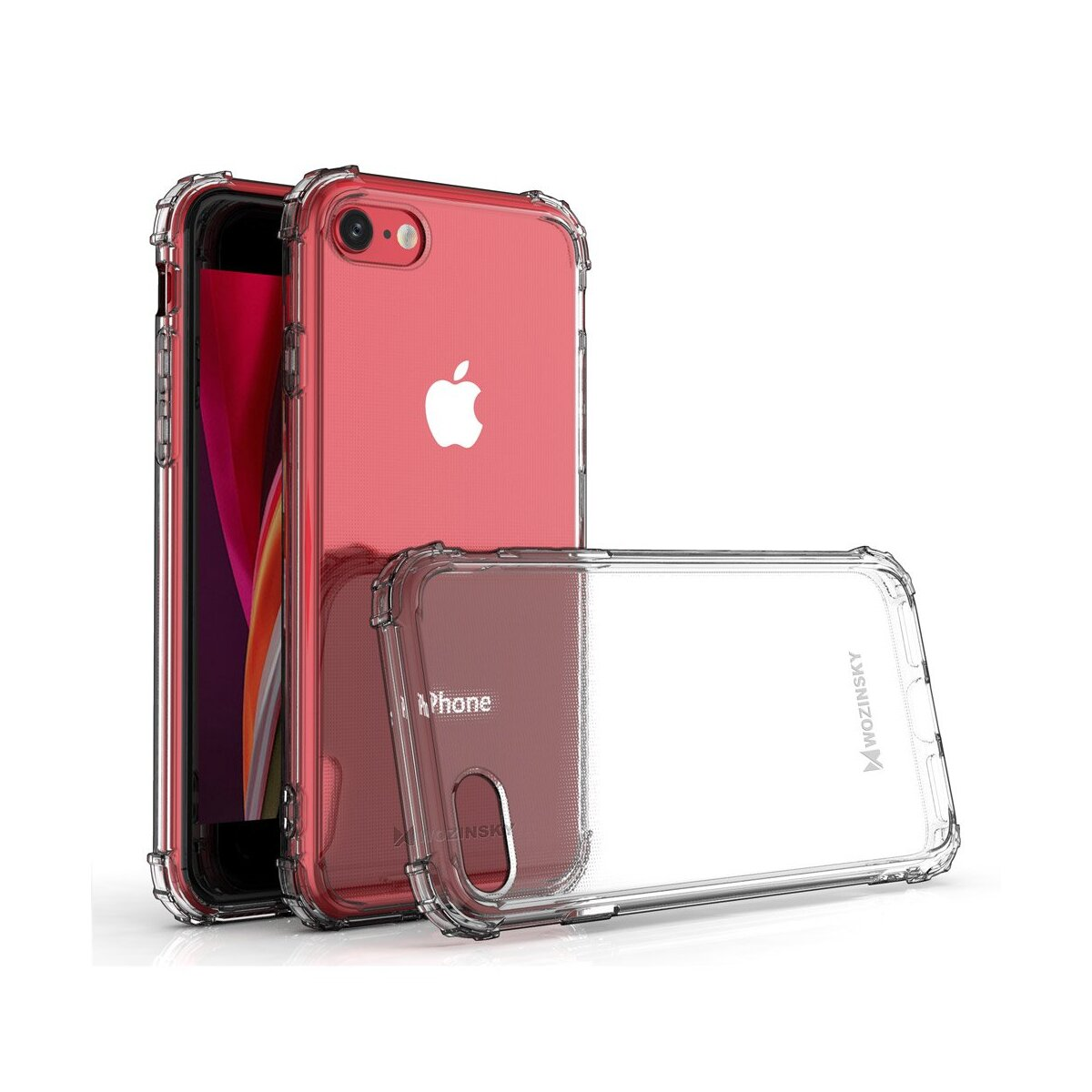 Rotes iPhone in einer durchsichtigen Schutzhülle. Die Hülle befindet sich auf weißem Hintergrund. Eine weitere Hülle liegt daneben.