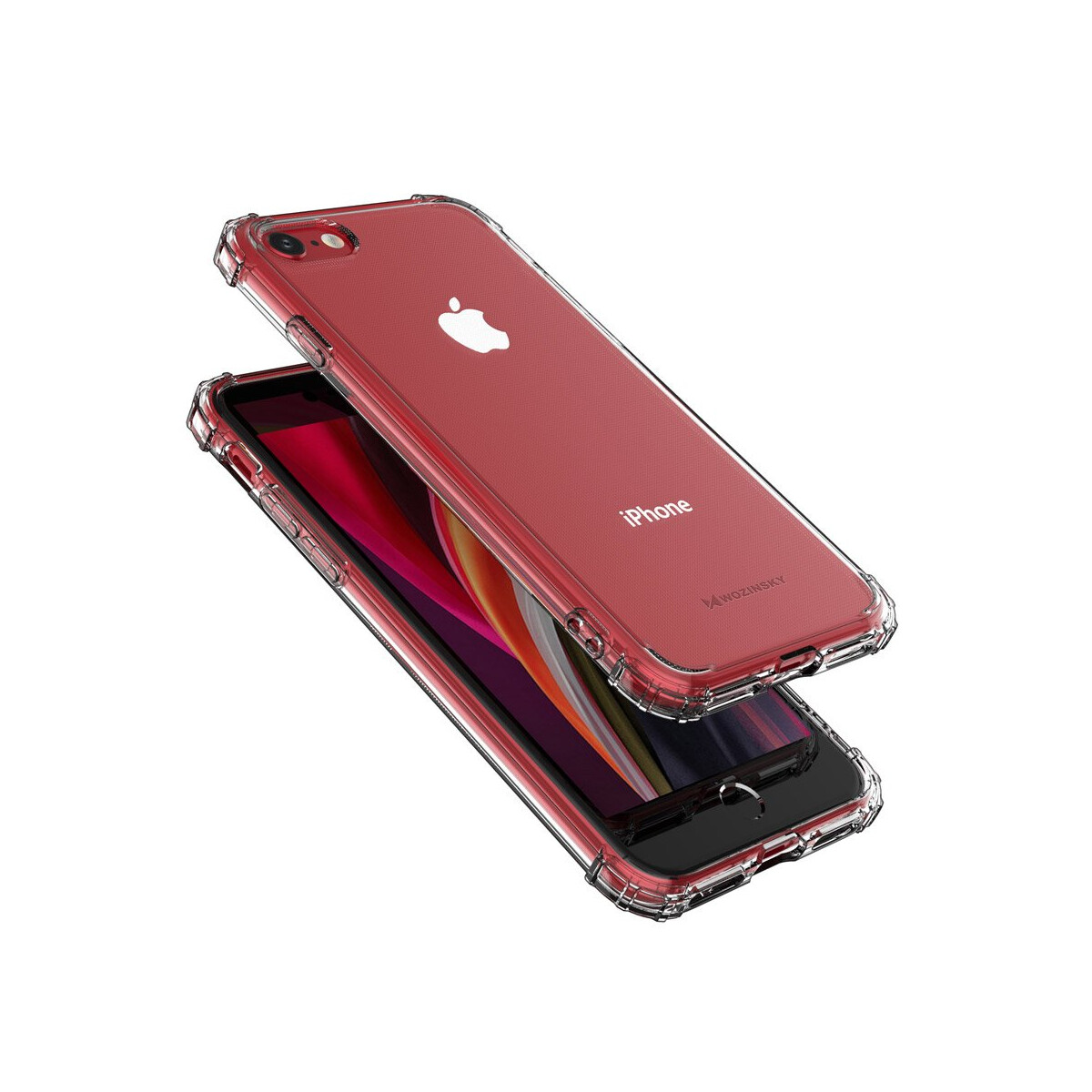 Ein rotes iPhone in einer transparenten Schutzhülle, mit einer zweiten Hülle darunter.