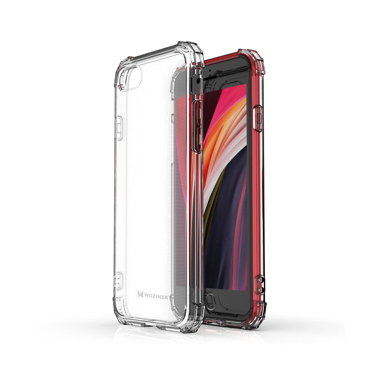 Eine transparente Handyhülle mit einem roten Telefon darin, das das Design zeigt.