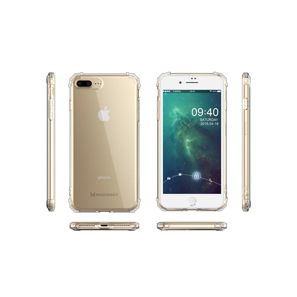 iPhone in durchsichtiger Hülle. Zeigt Vorder- und Rückseite mit eingeschaltetem Bildschirm.
