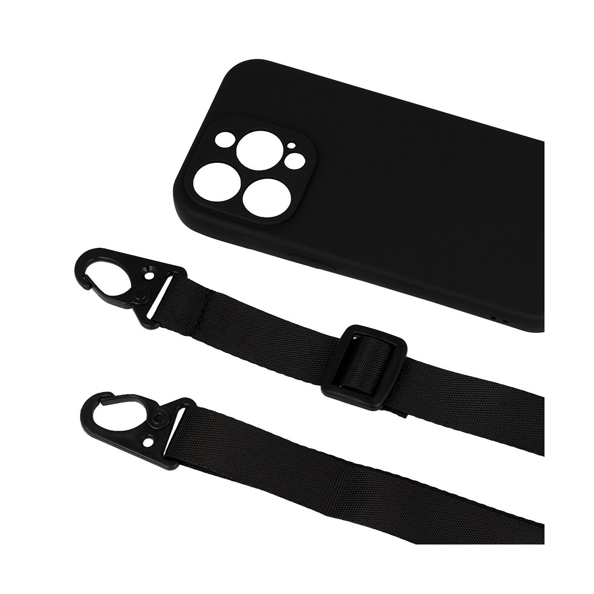 Custodia per telefono nera con cinturino e due ganci neri. La custodia ha tre fori per la fotocamera.