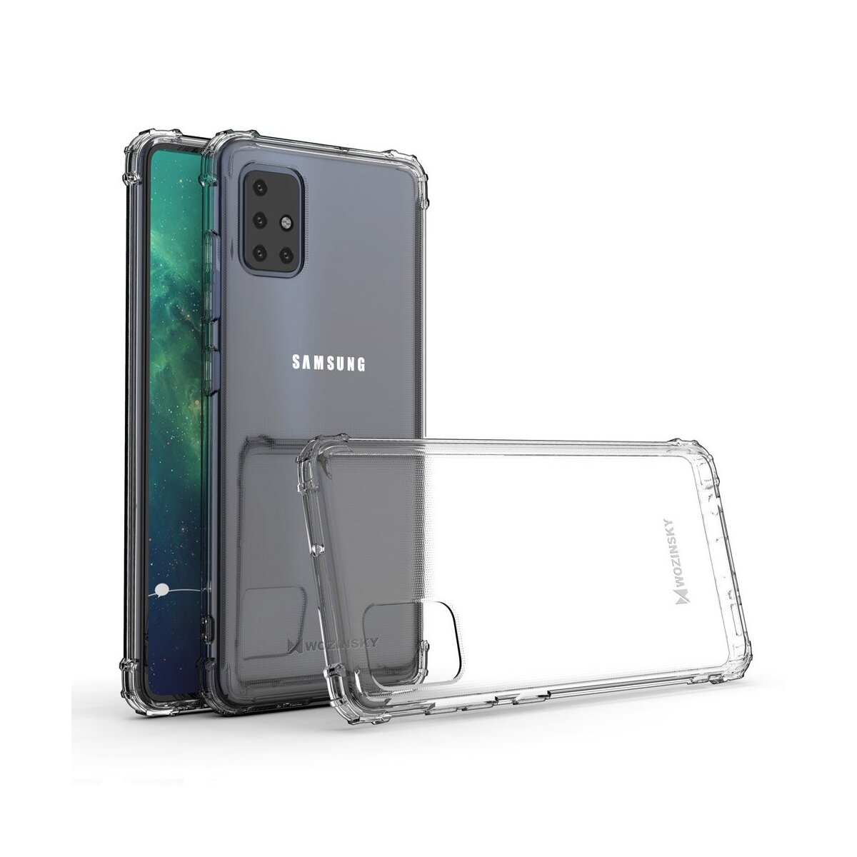 Samsung-Telefon in transparenten Schutzhüllen. Telefon ist schwarz mit grünem Bildschirm. Hüllen sind transparent.
