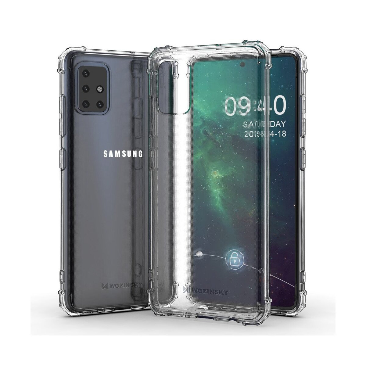 Eine transparente Handyhülle schützt ein Telefon mit einem Bildschirm, der die Uhrzeit anzeigt. Ein weiteres Telefon ist im Hintergrund sichtbar.