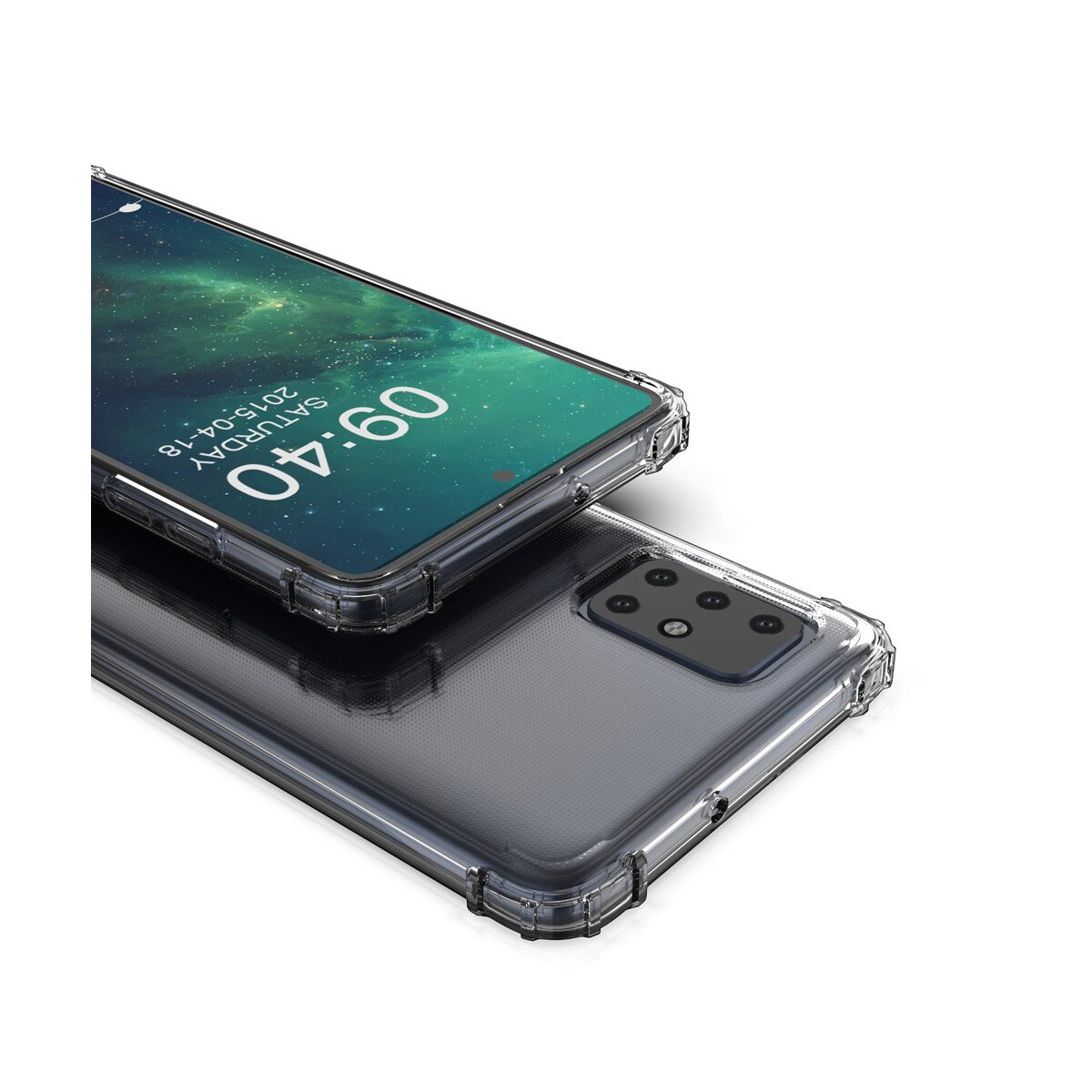 Zwei Telefone mit transparenten Hüllen. Eines zeigt eine Uhr und ein Datum.