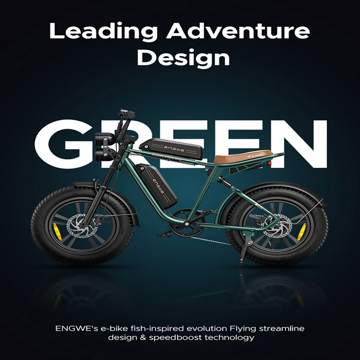 Grünes E-Bike mit Lichtern, braunem Sitz, schwarzen Reifen und dem Wort GREEN.