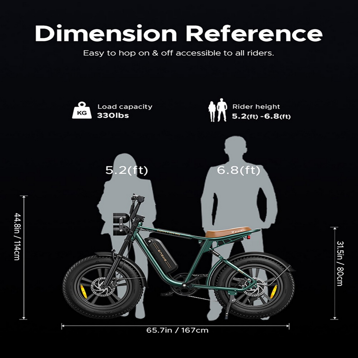 Abmessungsreferenz für ein Elektrofahrrad, zeigt Fahrergröße und Tragfähigkeit.