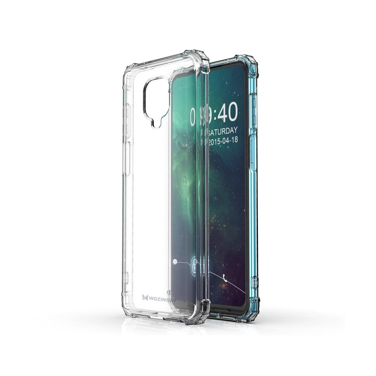 Transparente Handyhülle mit Telefon darin. Der Bildschirm zeigt Datum und Uhrzeit.